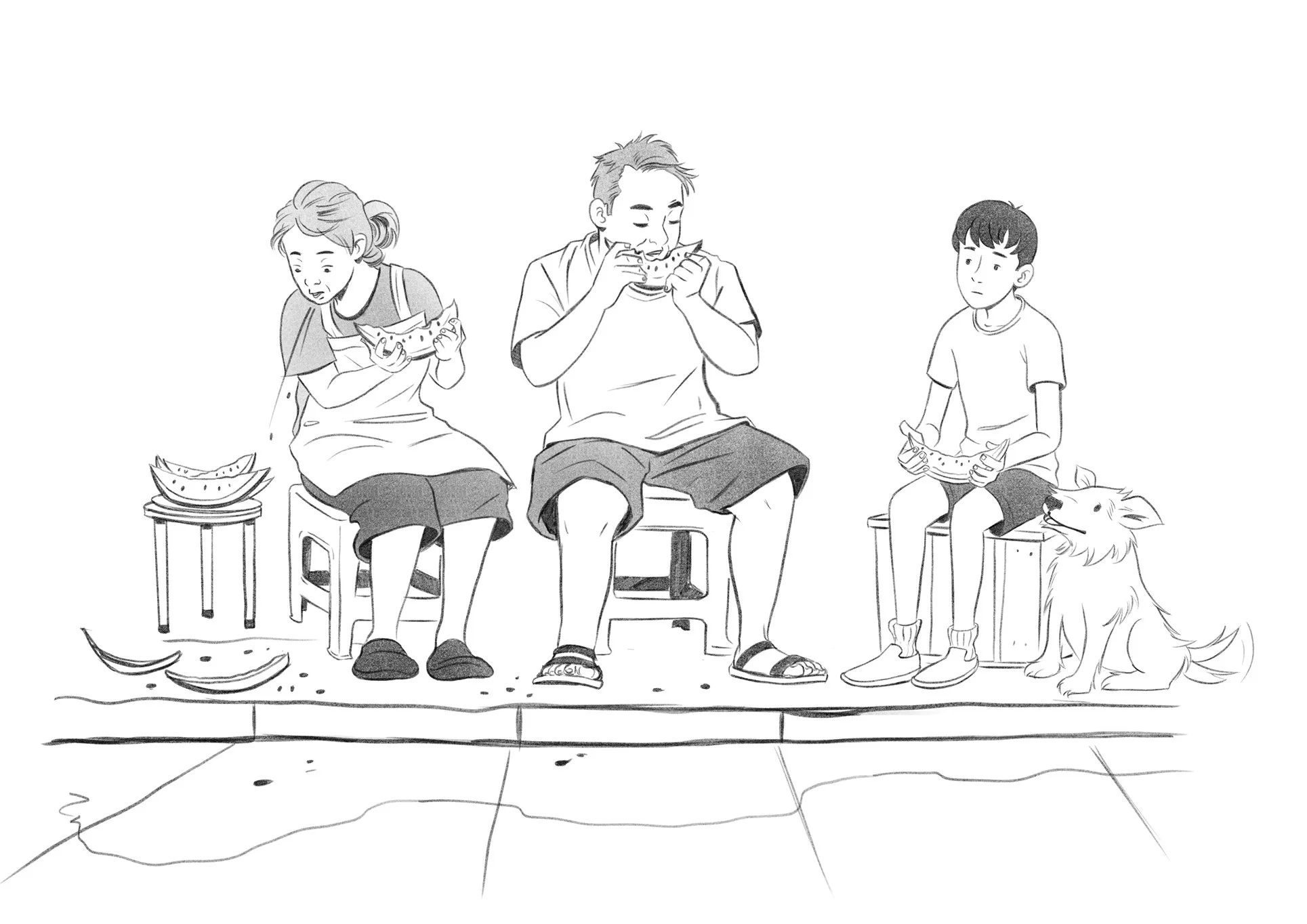 Family eating watermelon on monoblock chairs by the sidewalk, with a sad boy sitting beside his excited, wagging dog.