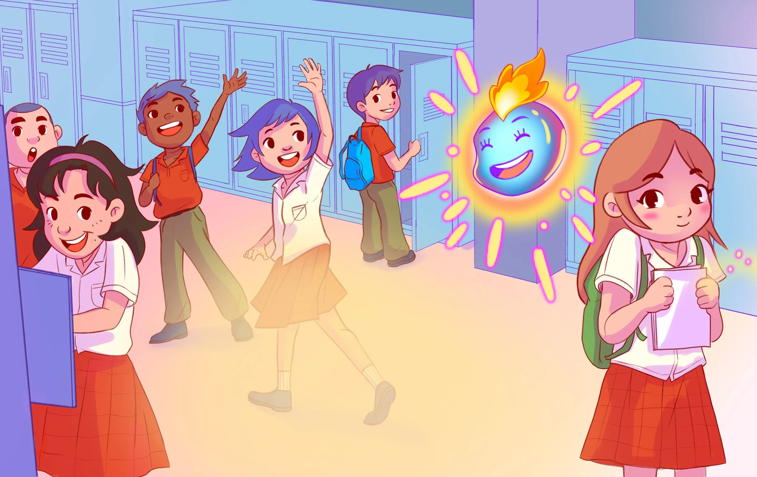 Young girl walking timidly through a school hallway as classmates wave and greet her and her magical heart.