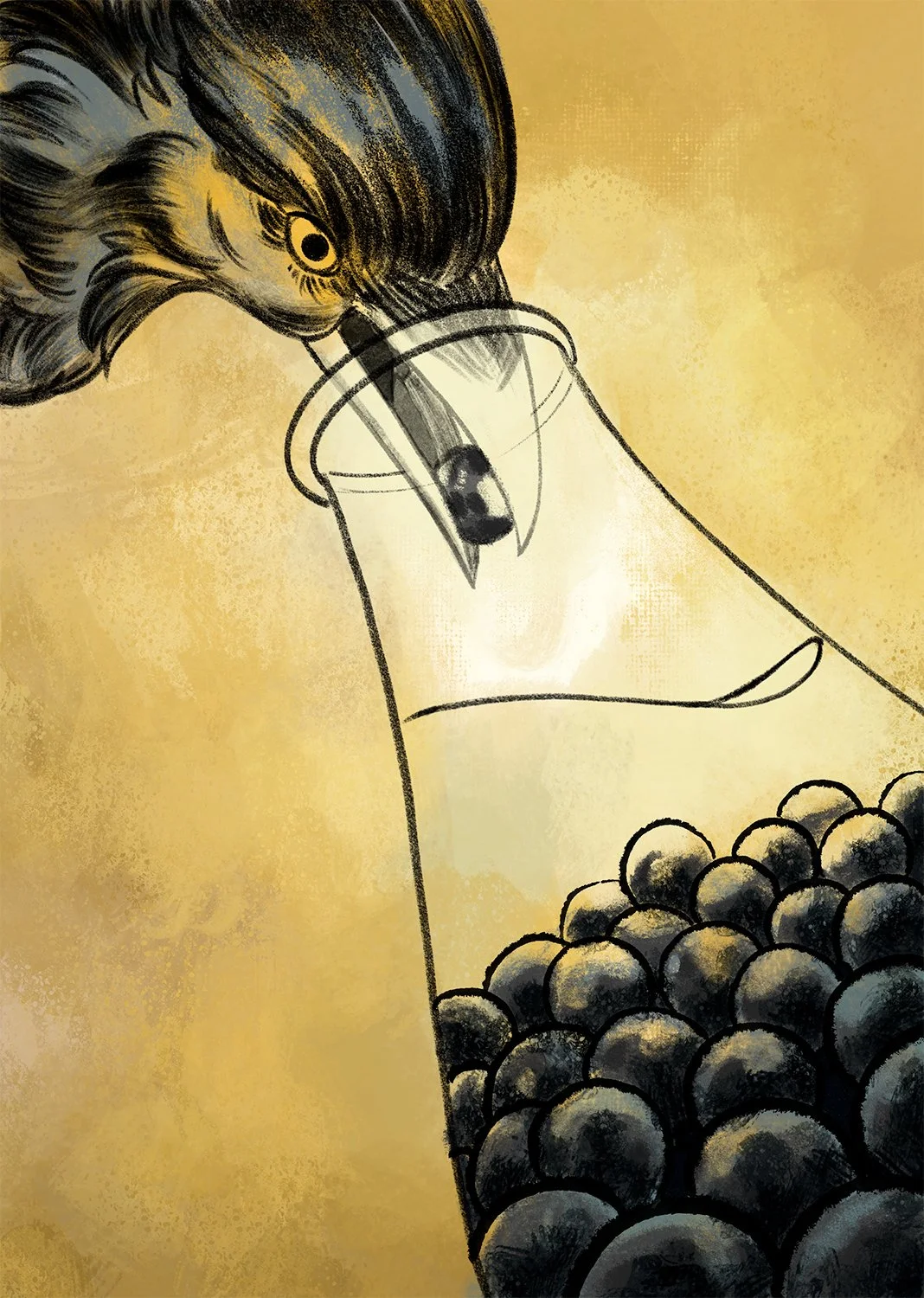 Crow dropping marbles into a glass jar, illustrated with expressive brushy ink lines, two-color tones, and a textured background wash.