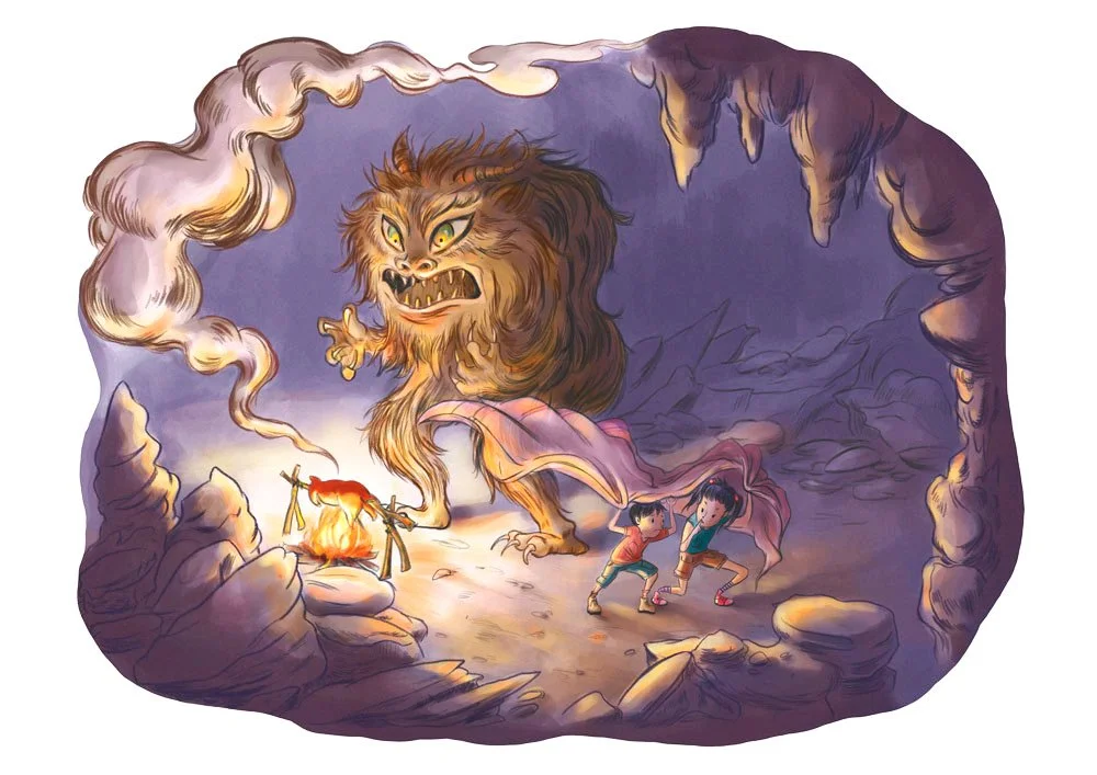 Startled ogre guarding a roasting pig as two children sneak away under an invisibility blanket from his cave.
