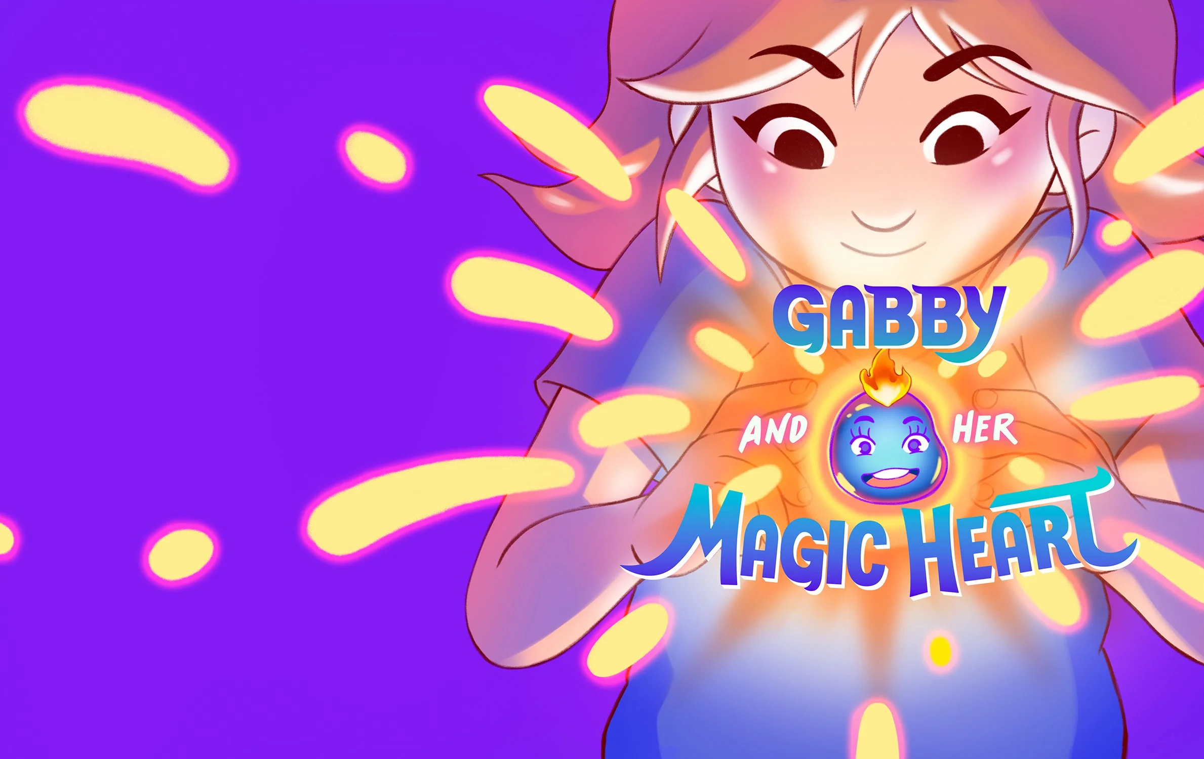 Colorful book cover spread featuring a smiling girl holding a magical blue, flaming heart. The title reads "Gabby and Her Magic Heart". The story is a middle-grade picture book.