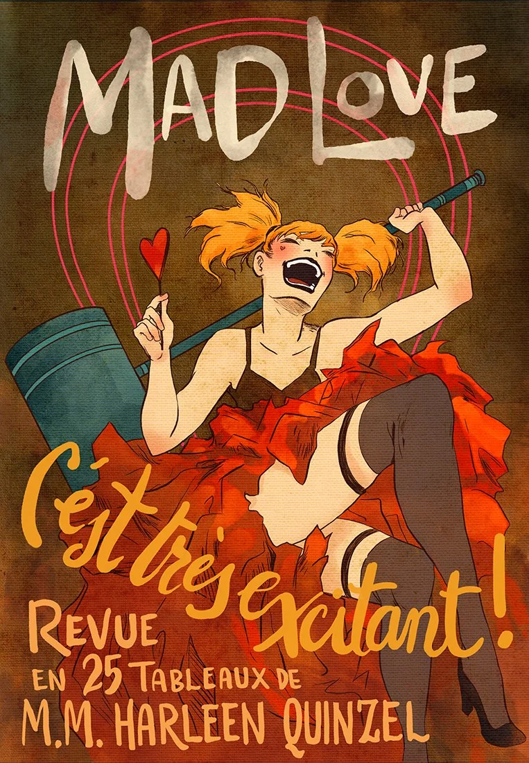 Harley Quinn, Harleen Quinzel, laughing hysterically in a ruffled red skirt and stockings while holding a giant mallet.
