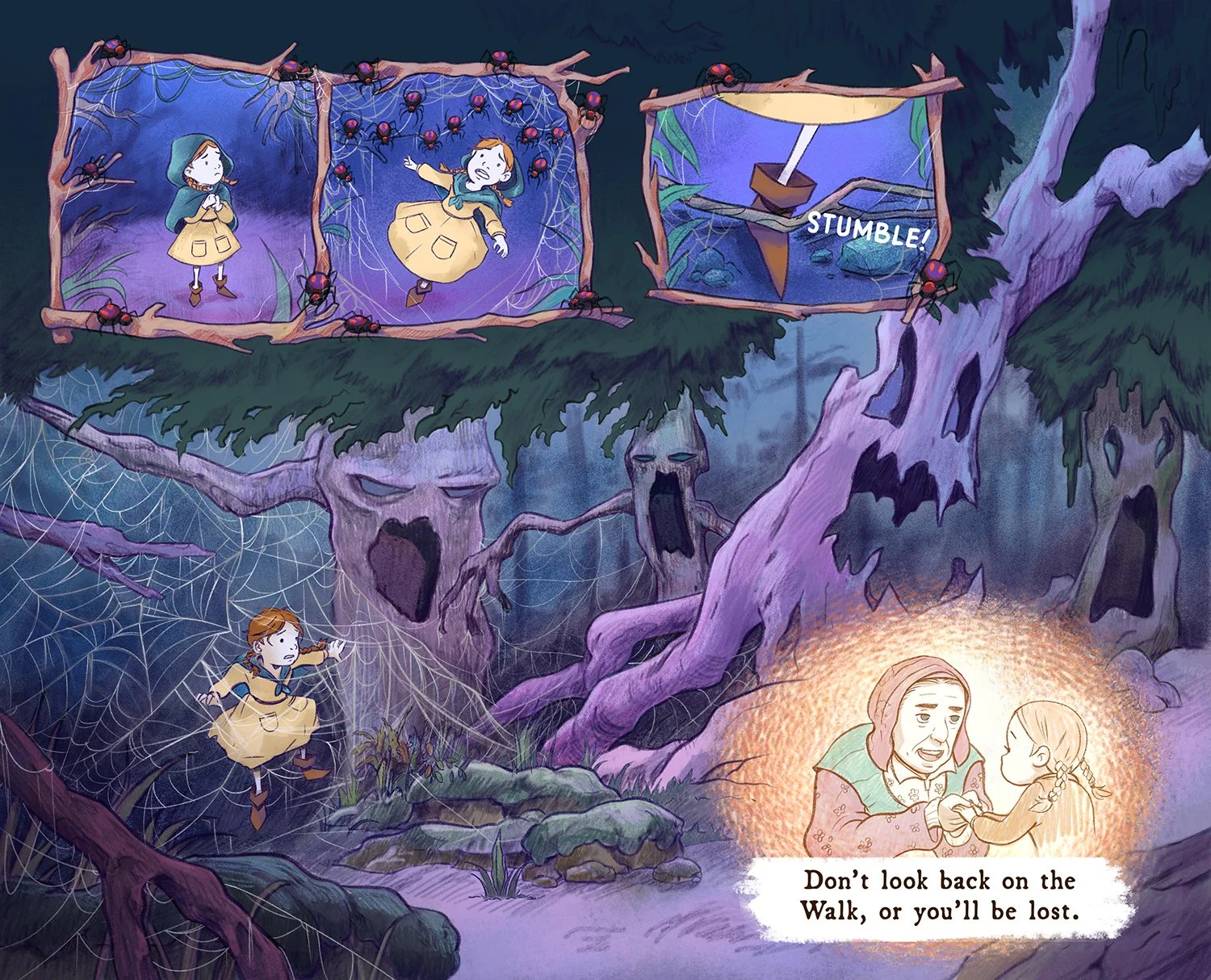 Frightened girl caught in a spiderweb in a dark, spooky forest, recalling her grandmother’s advice as she faces the frightening woods.