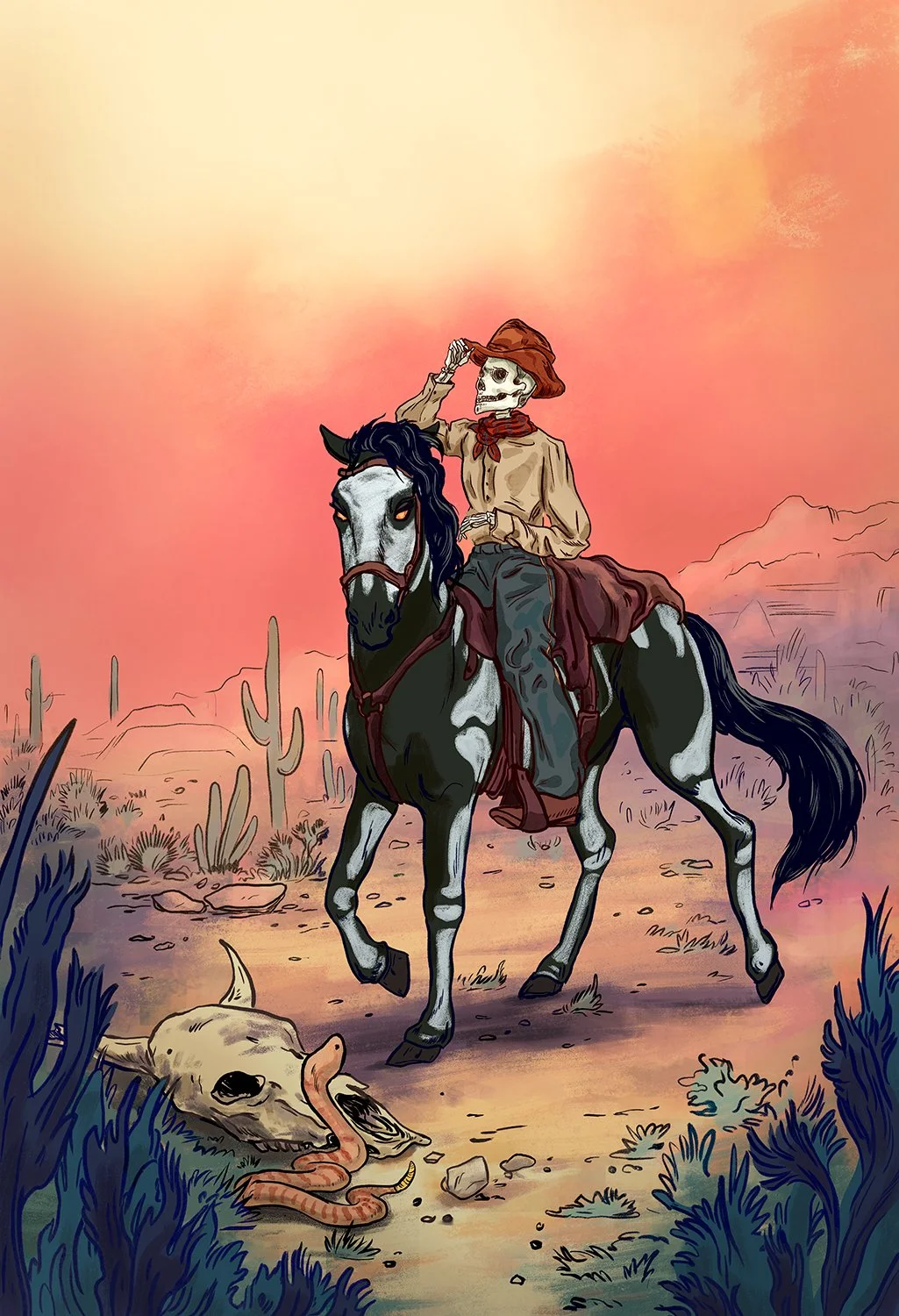 Skeletal cowboy riding a horse through the desert, illustrated with heavy brushy ink lines, flat colors, and soft shading.