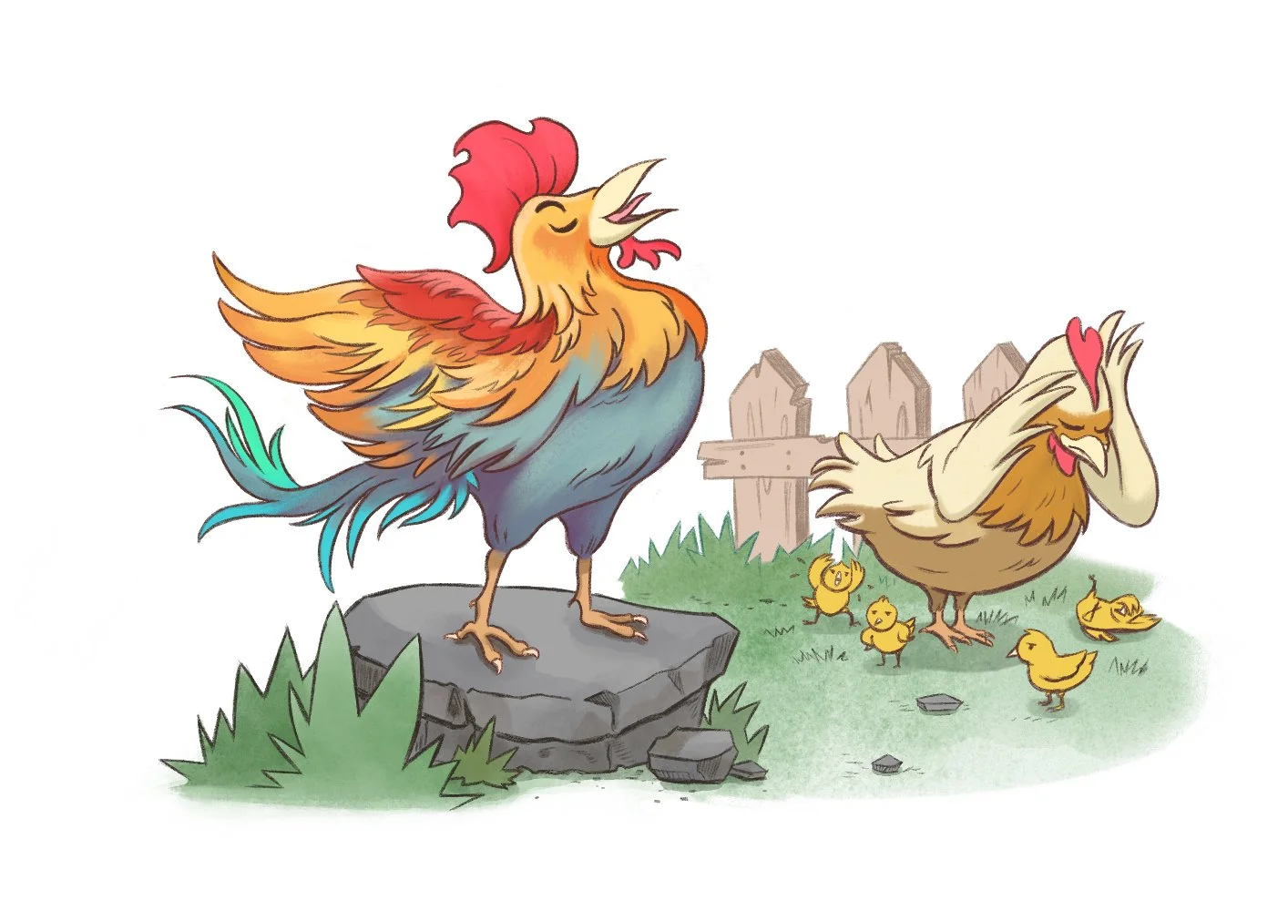 Colorful illustration of a proud rooster crowing above an annoyed hen and her chicks, with bold linework, flat colors, and light shading.
