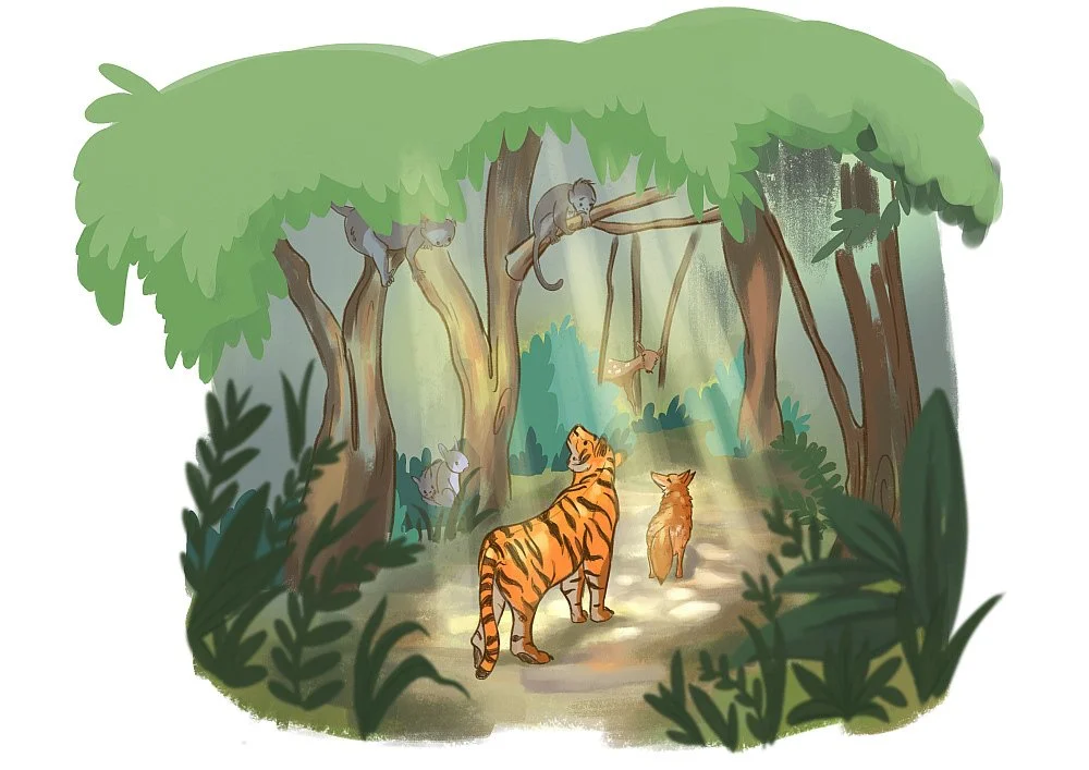 Tiger and fox walking together through a forest as monkeys, deer, and a rabbit watch them curiously.