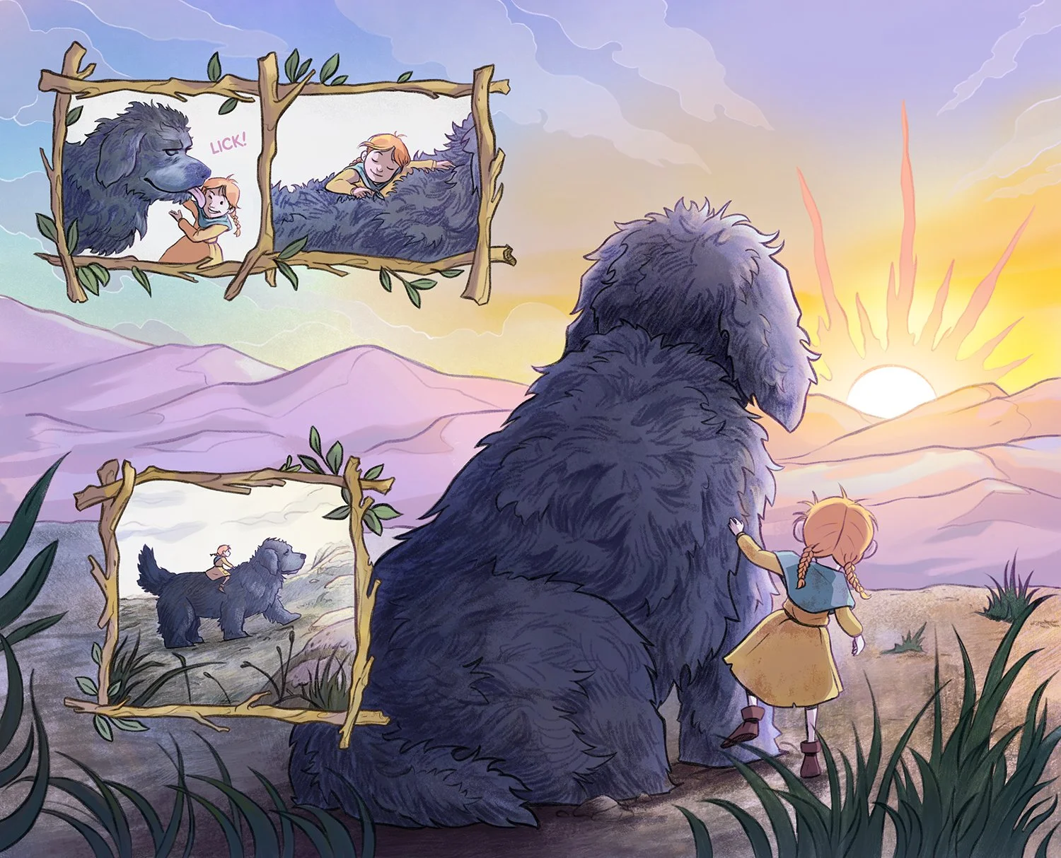 Girl and the large black dog Kirke Grim standing on a mountain top at sunrise, overlooking the landscape as spring begins.