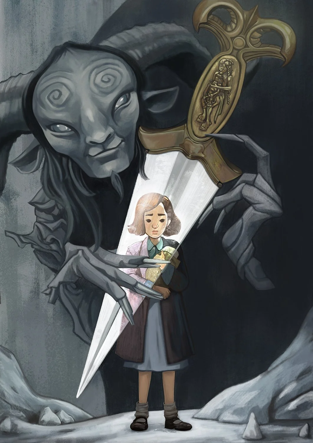 The Fawn from Pan’s Labyrinth holding up a knife before a girl clutching her baby brother, rendered as a dark, textured digital fan art painting.