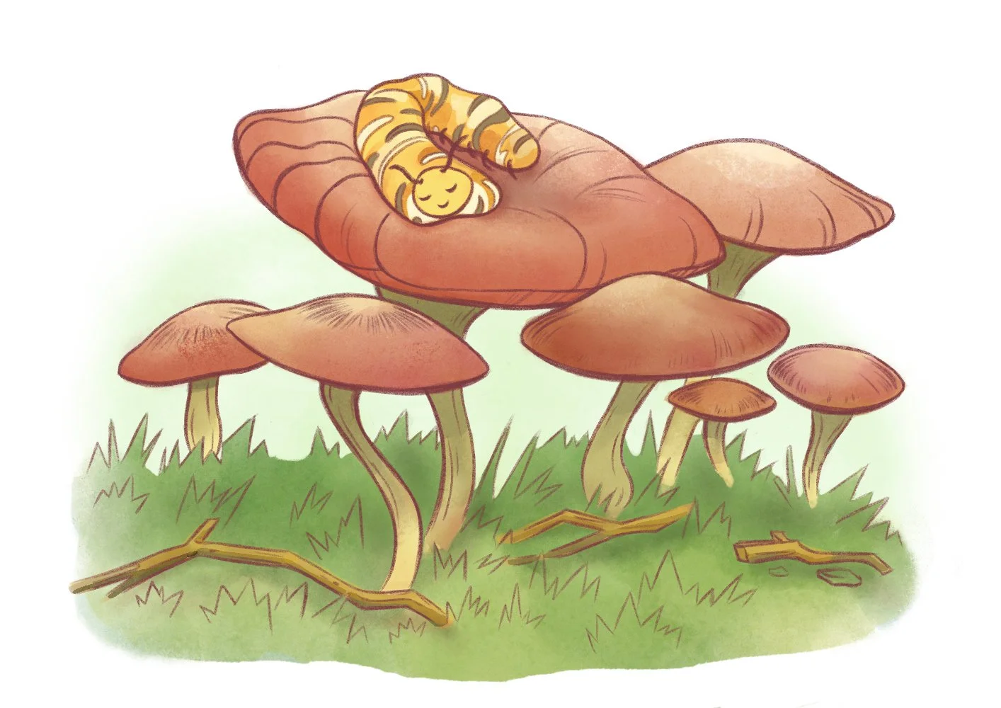 Yellow caterpillar peacefully napping on a bed of colorful mushrooms in a soft woodland scene.