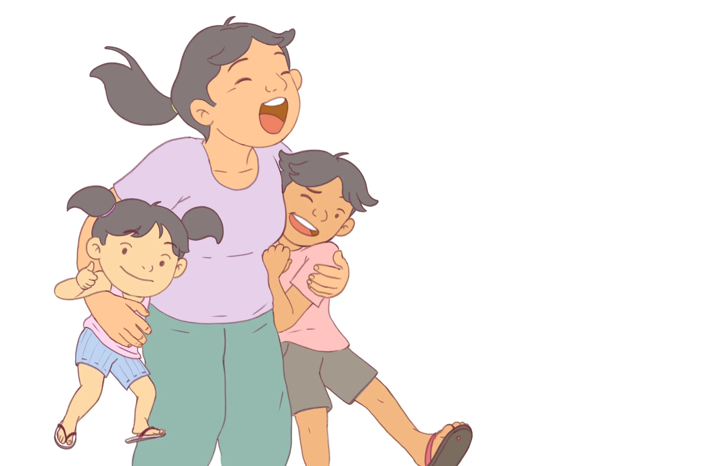 Mother greeting her children with hugs as they reunite and walk home together.