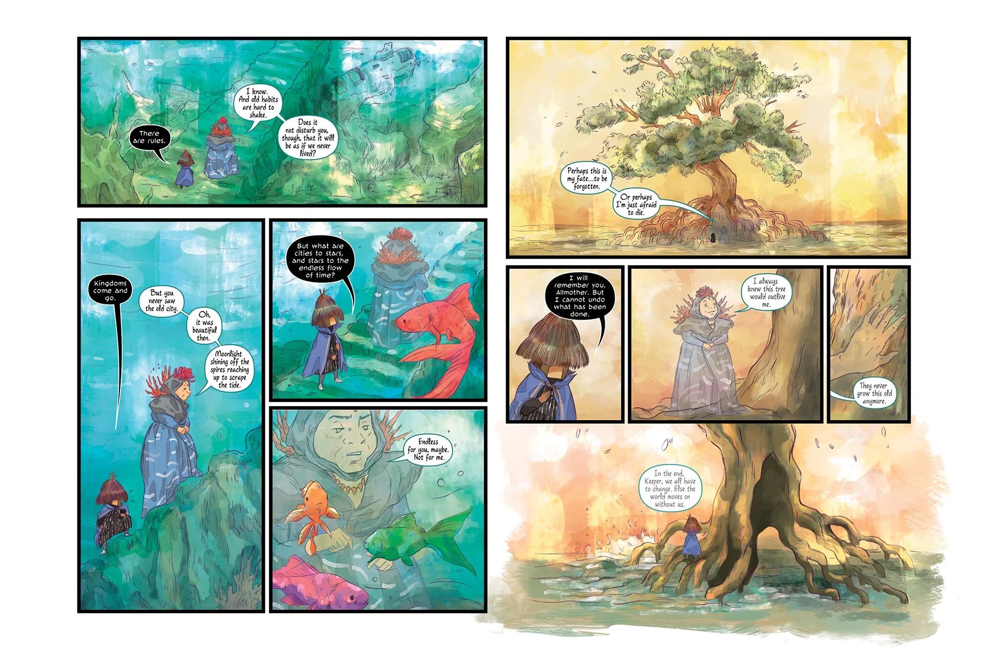 Doorkeeper walks through a decaying underwater kingdom with All-Mother, queen of the diwatas, as they approach a giant mangrove tree and she begins to fade.