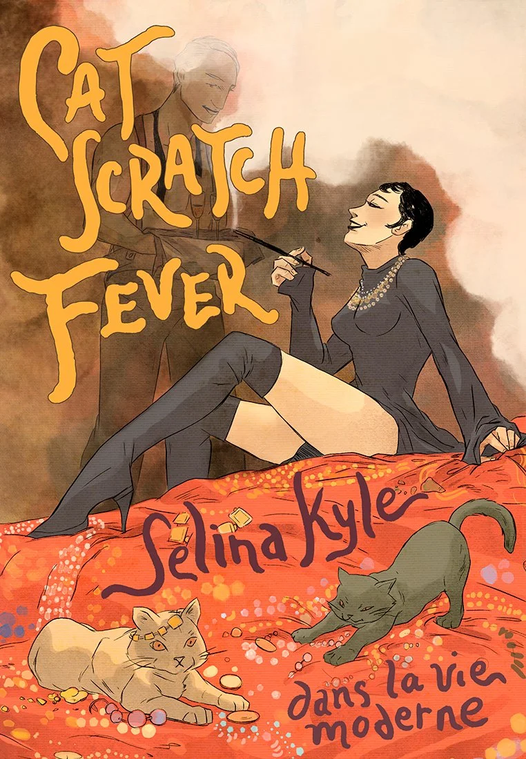 Fashionable woman in a black dress smoking on a red velvet bed with two cats, illustrated with bold ink lines, flat colors, and texture.