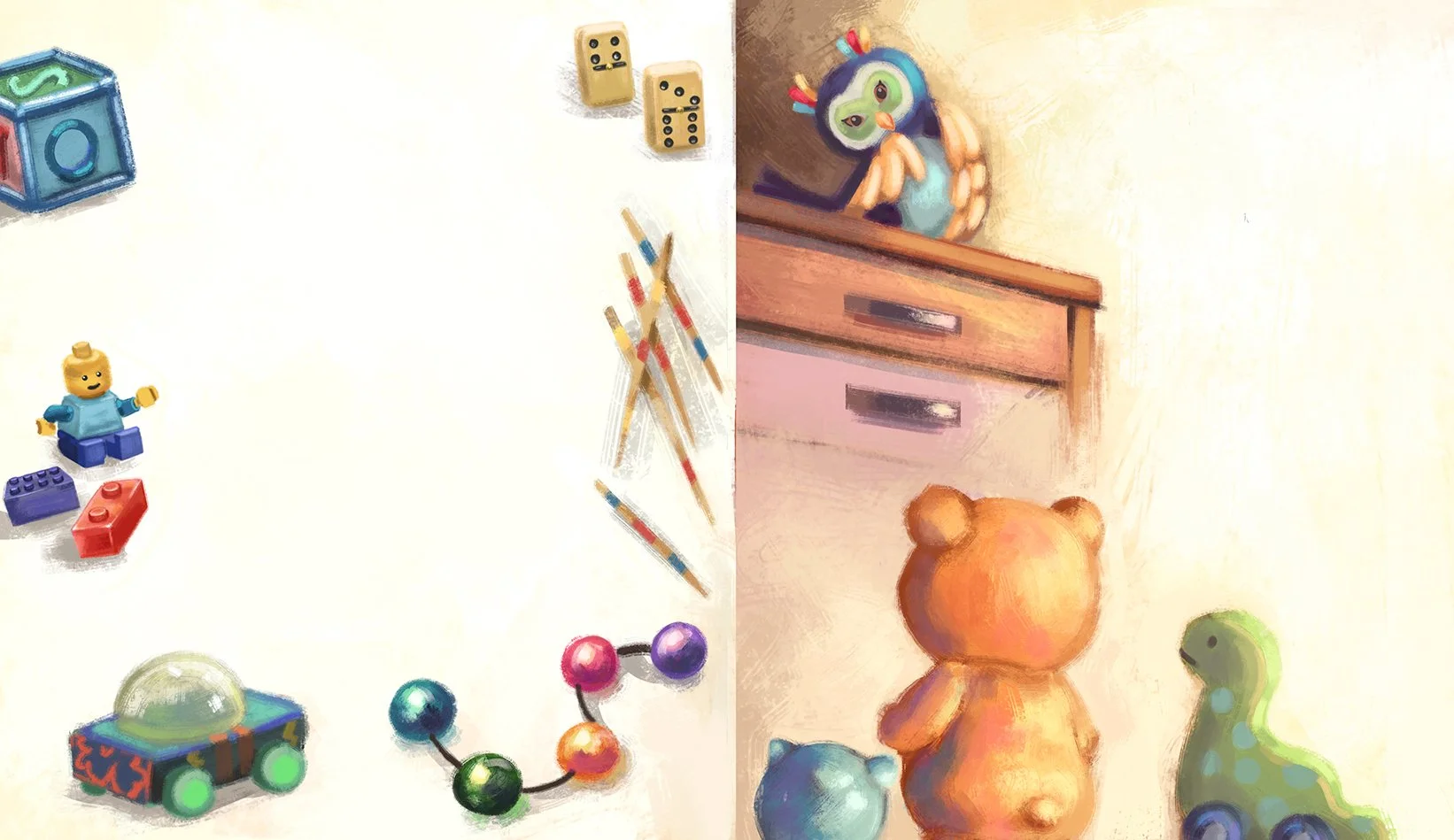 A spread from The Bear, a Filipino picture book about the adventures of a beloved stuffed bear toy. The work is rendered in a digital acrylic-inspired art style.

The left page features a clutter of children's toys. The right page shows the bear and 