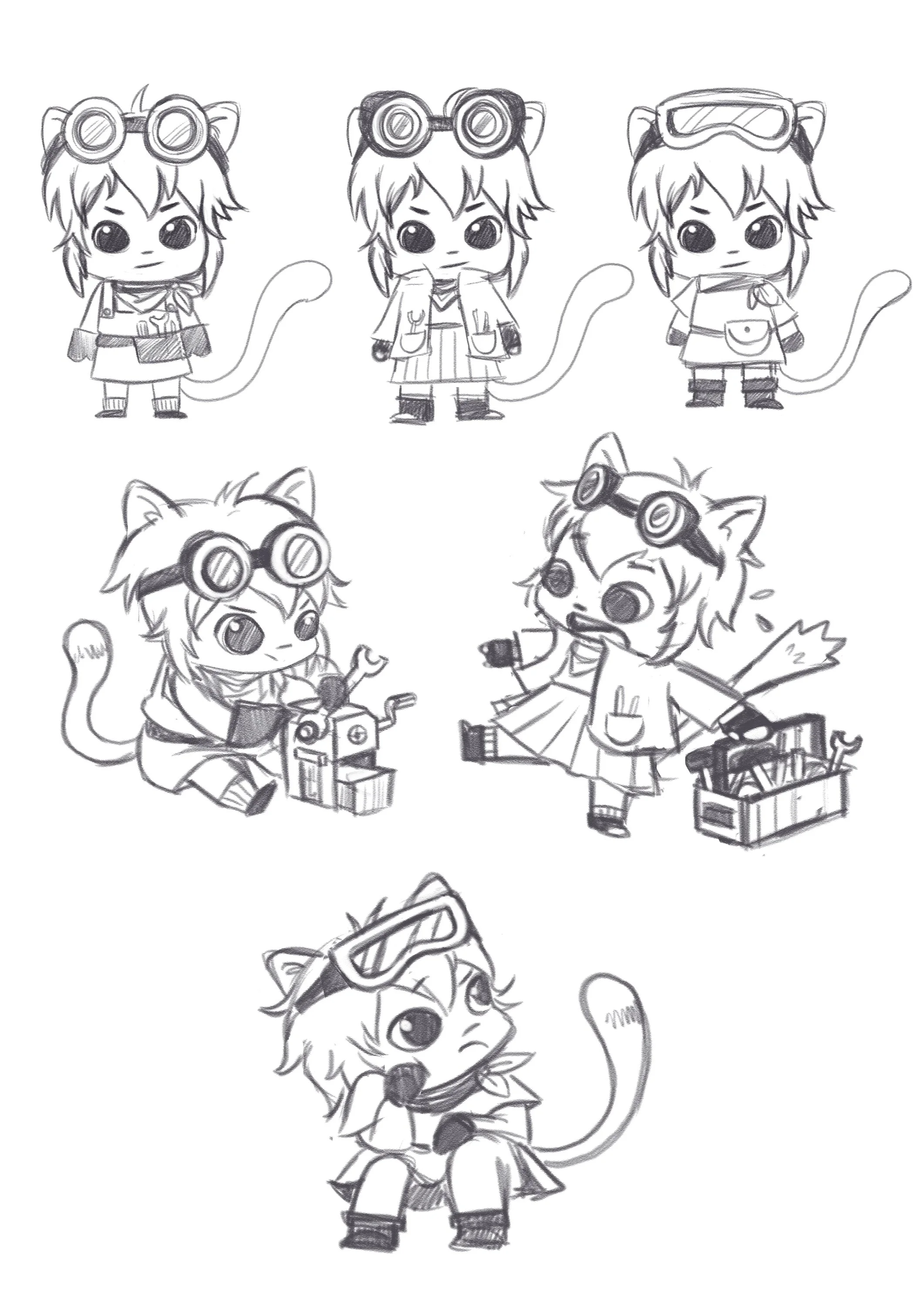 Concept art sketches of a cat girl inventor shown in different poses and outfits.