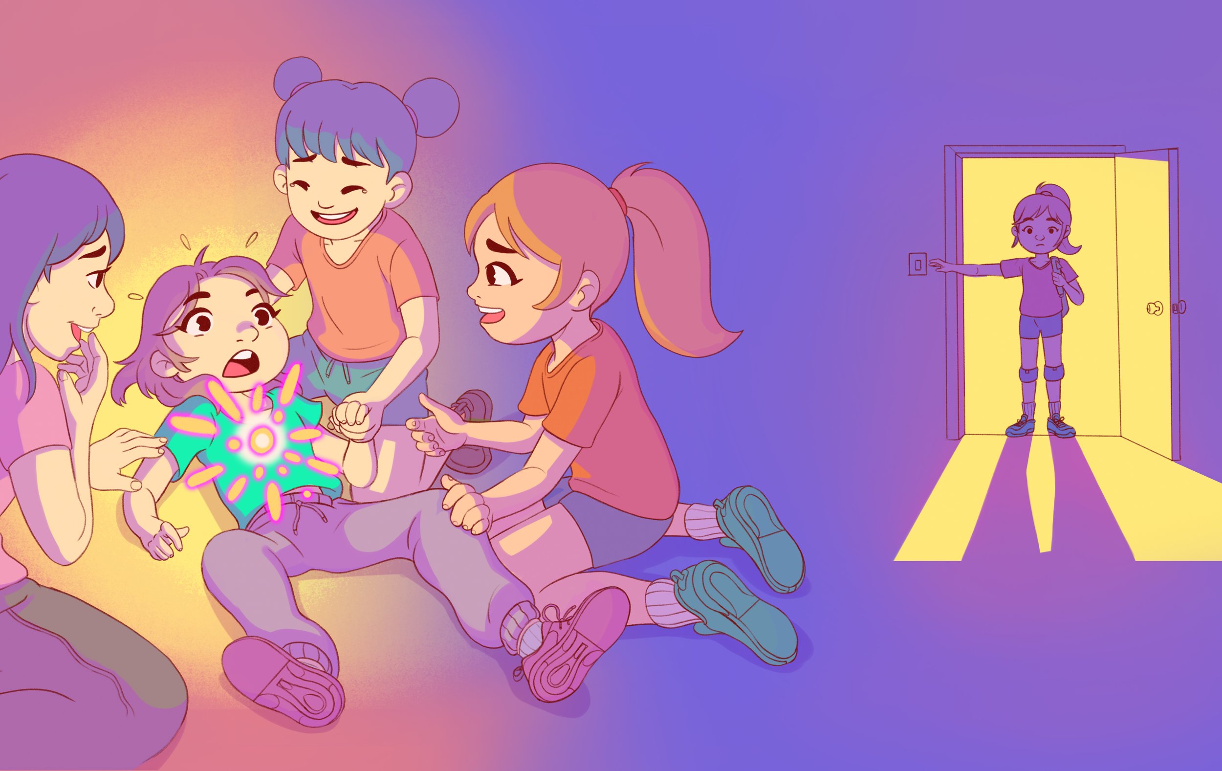 Colorful digital painting of several girls helping a friend, using bright flat colors and soft gradients.