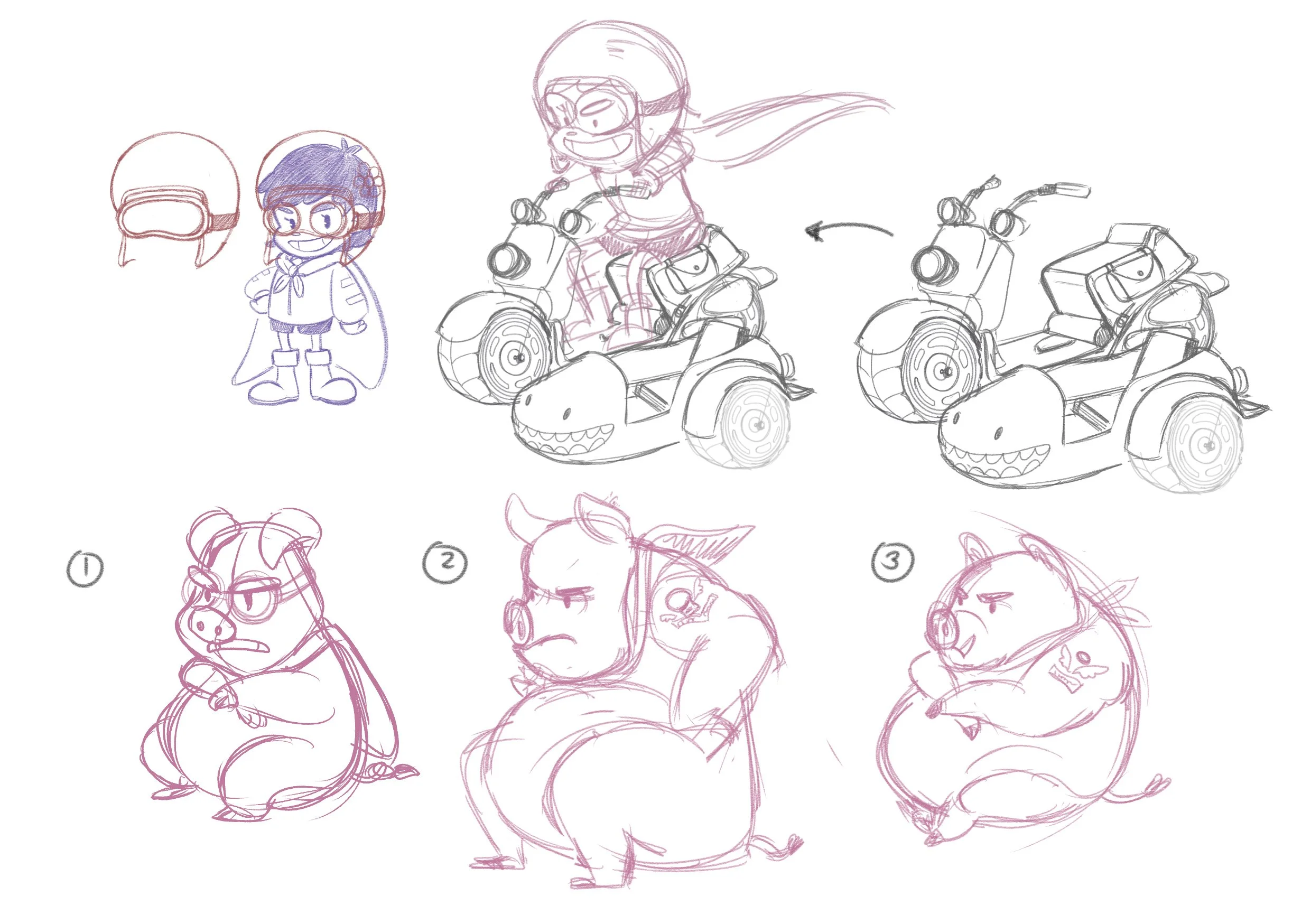 Concept sketches featuring Little Red Riding Hood and the Three Little Pigs.
