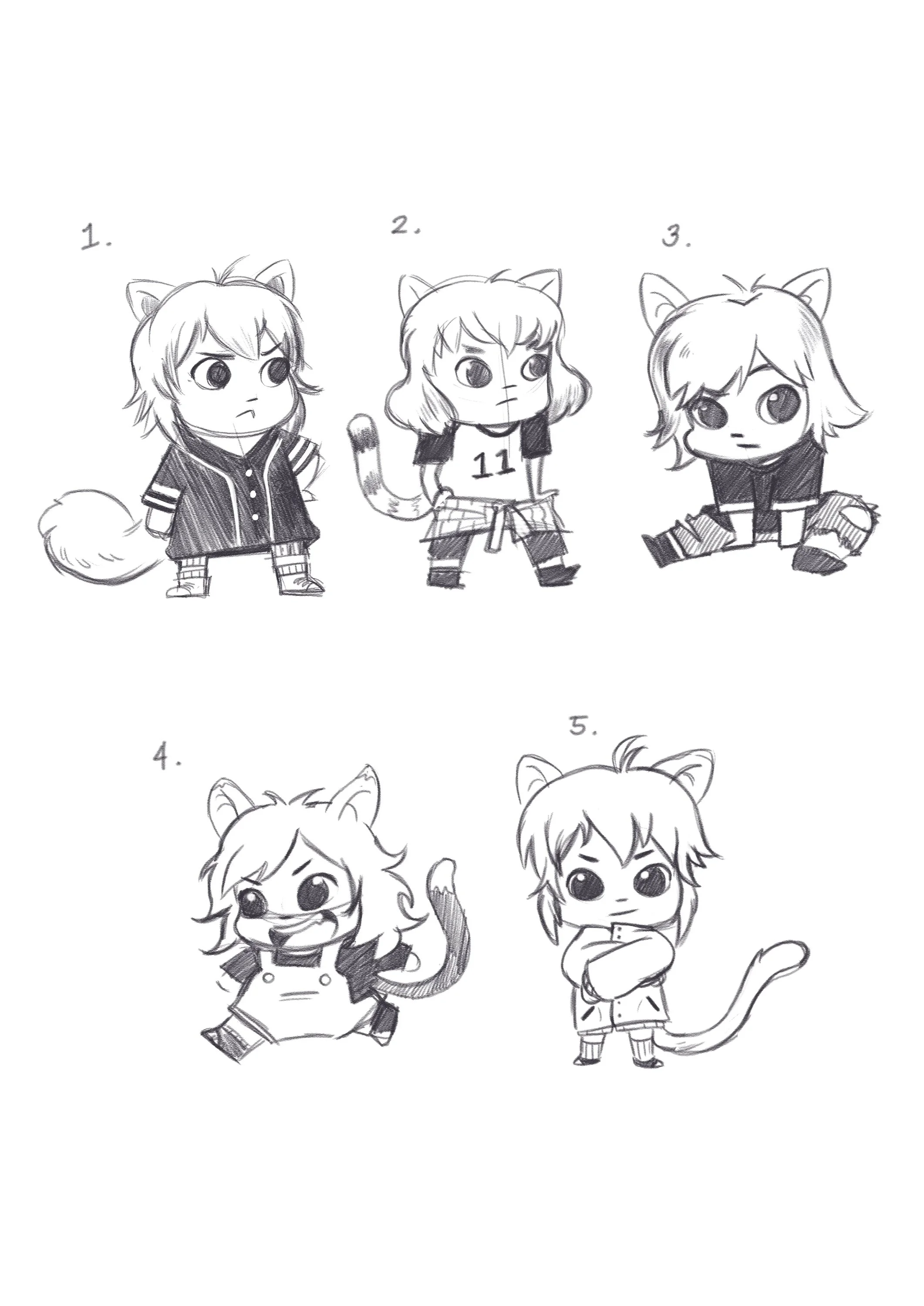 Character sketches of a cat girl inventor in casual clothing and relaxed poses.