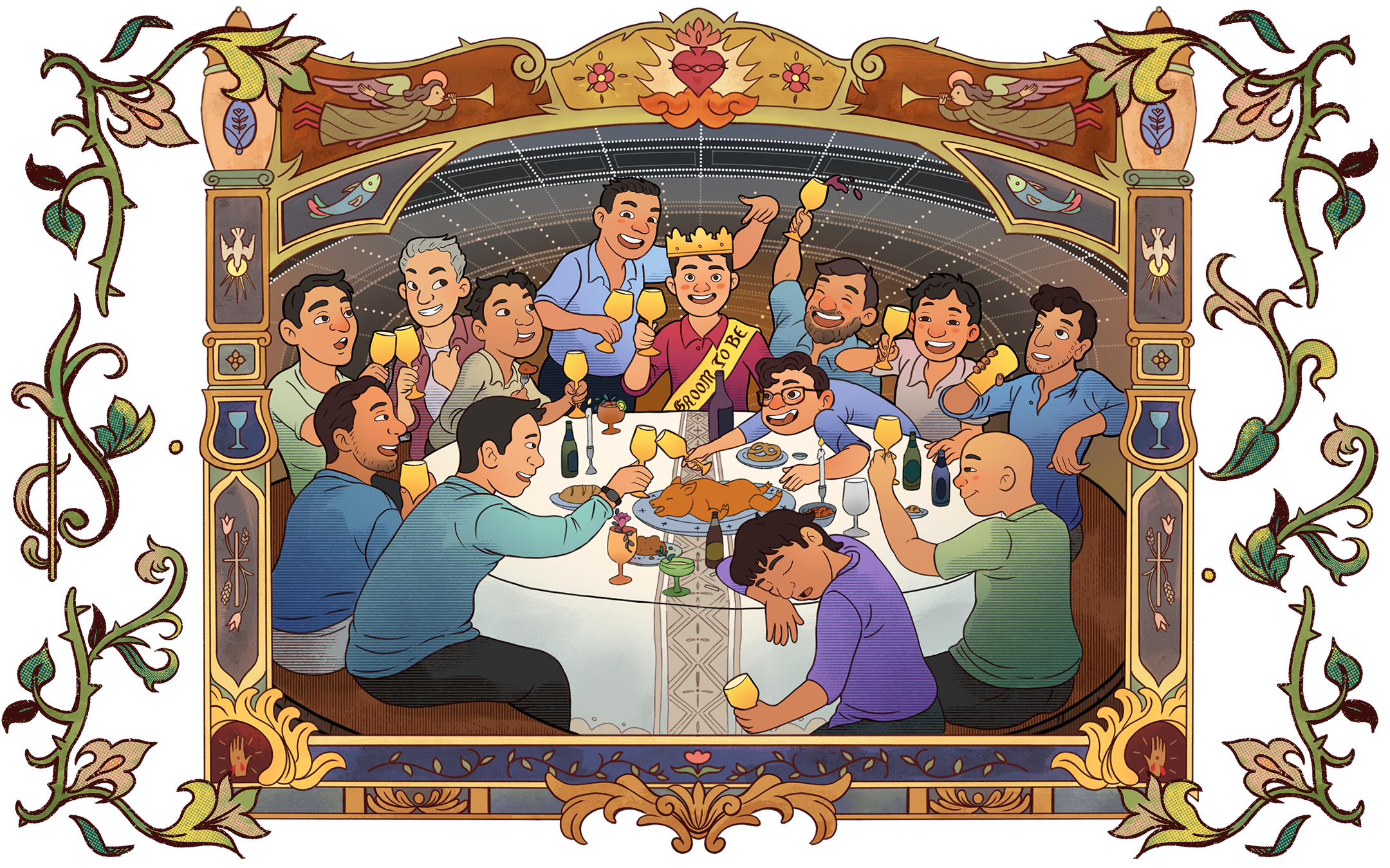 Editorial illustration of a group of Filipino men gathered around a dinner table, drinking and celebrating together in a composition inspired by the Last Supper, surrounded by an ornate frame reminiscent of Catholic tableaux and altar pieces.
