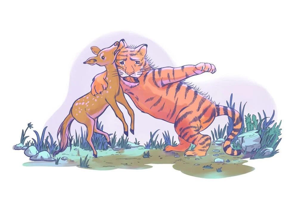 Frightened tiger hugging a startled deer while pointing toward an unseen danger in a humorous forest scene.