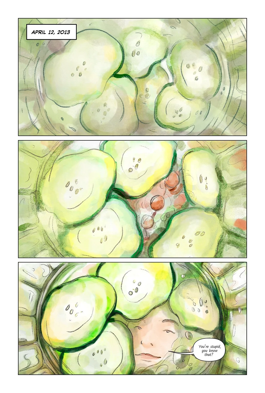Close-up sequence of hands picking cucumbers from a container of water.