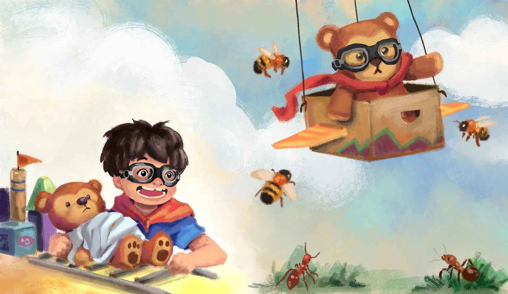 A spread from The Bear, a Filipino picture book about the adventures of a beloved stuffed bear toy. The work is rendered in a digital acrylic-inspired art style.

This spread features the bear and the boy playing together. There are elements of make-