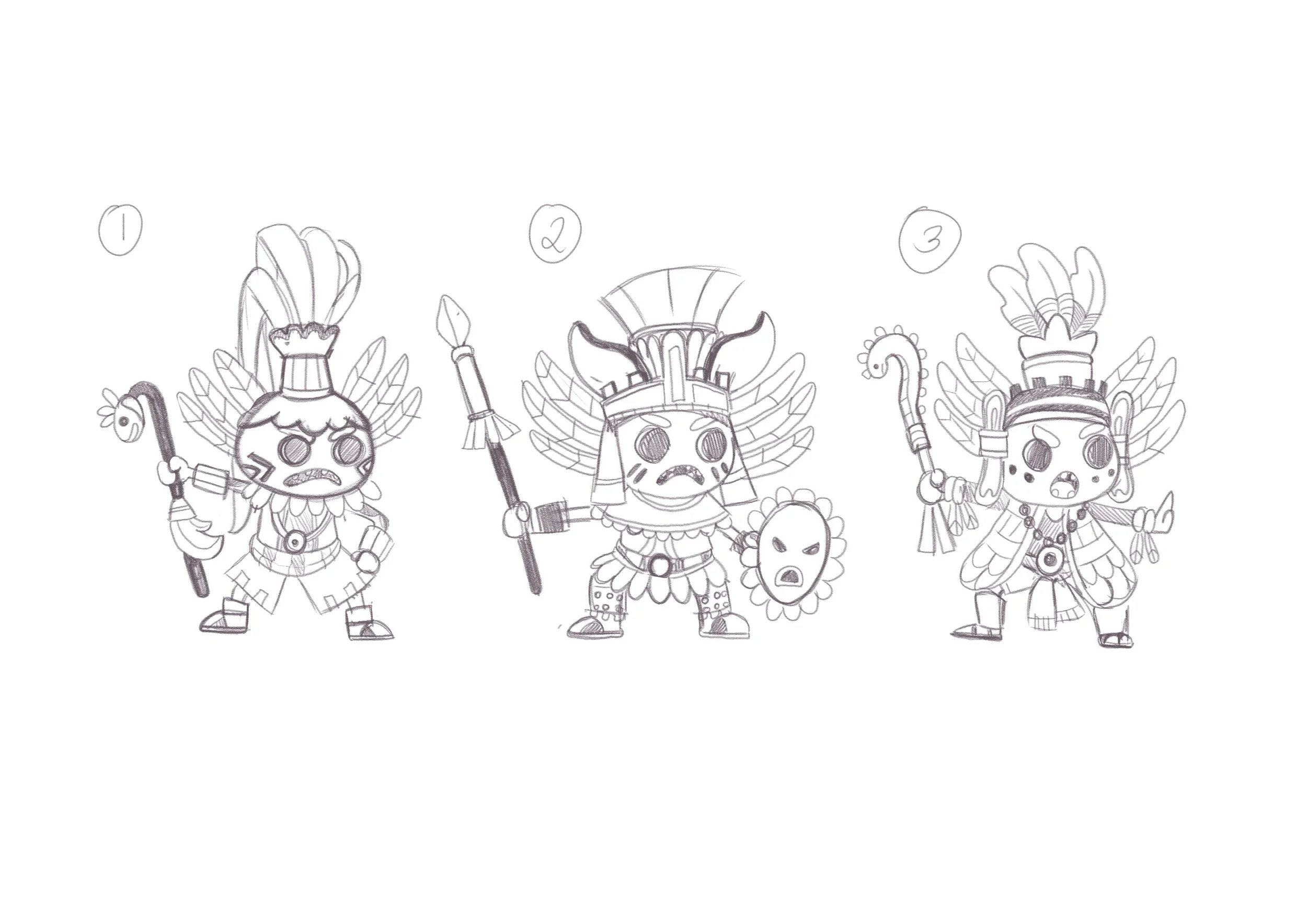 Concept art sketch of an Aztec-inspired axolotl wizard character.