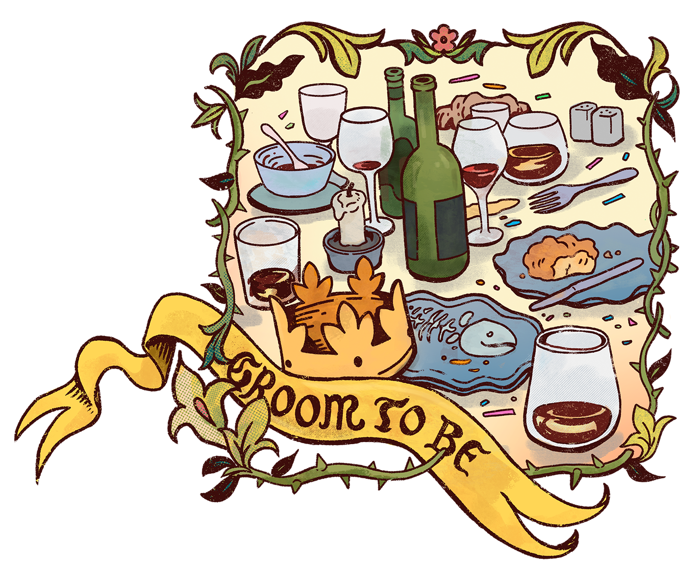 Spot illustration of dirty plates, glasses, and cutlery left on a table after a dinner party, surrounded by decorative flourishes inspired by medieval manuscripts.