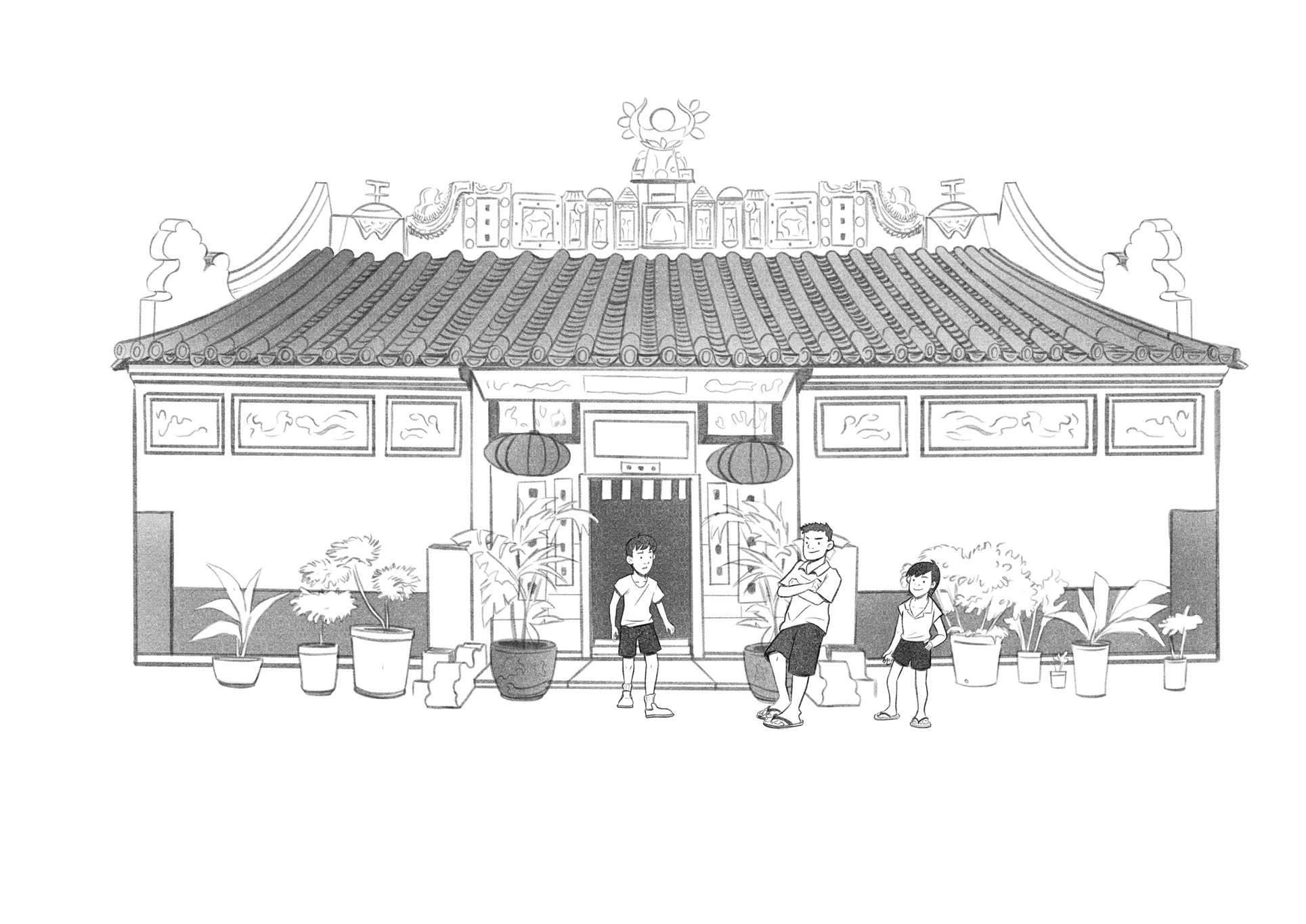 Boy stepping out of a Chinese temple as two tough street kids wait for him outside.
