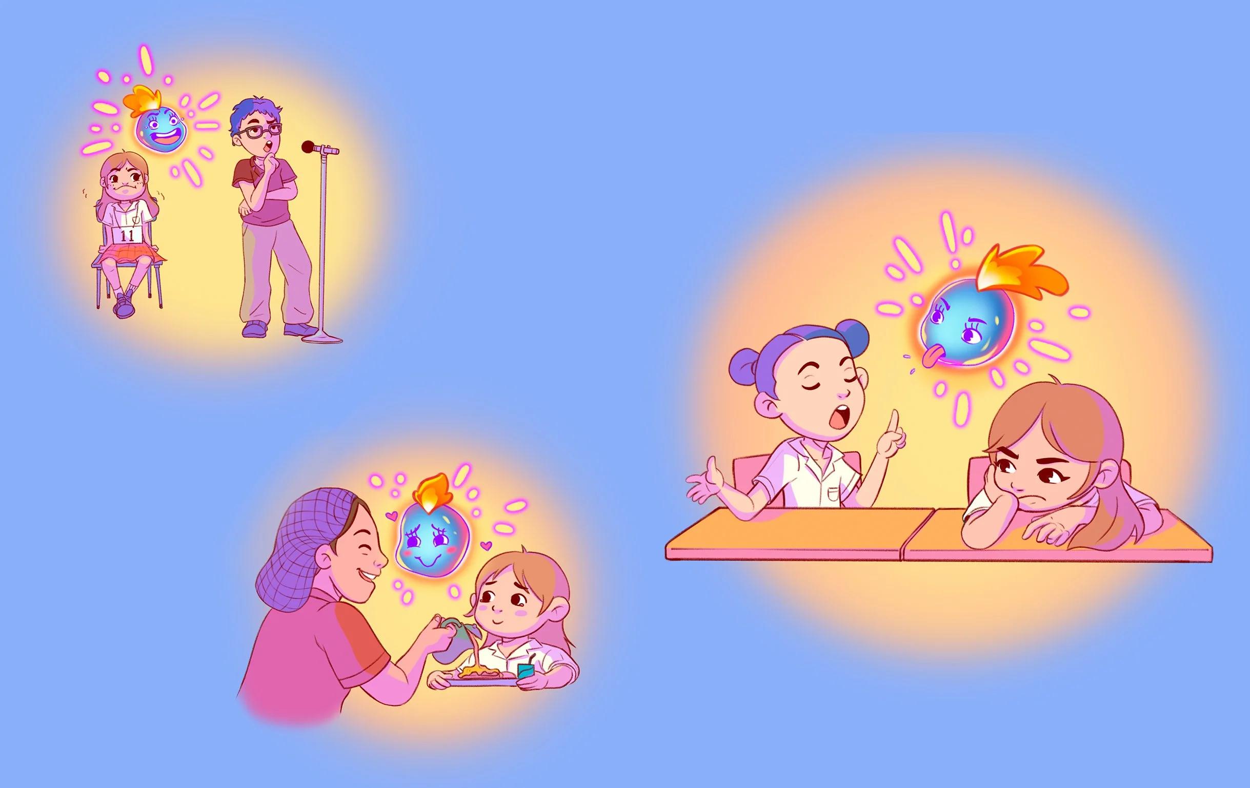 Spot illustrations of a young girl and her magical heart at school during a spelling bee, in the cafeteria, and arguing with a friend.