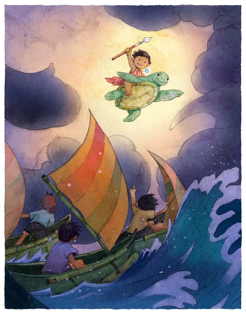 Girl riding a flying sea turtle above a stormy ocean, illustrated with soft pencil lines and watercolor textures.