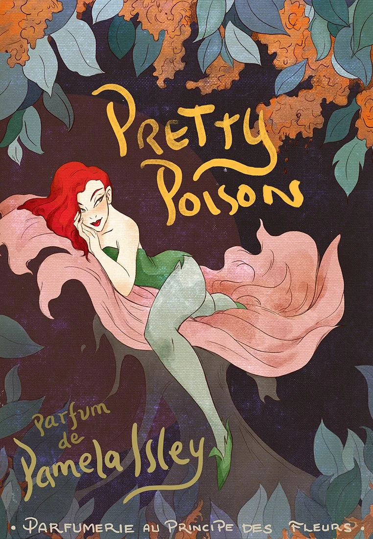 Poison Ivy, Pamela Isley, resting on a giant flower on a garden theater stage surrounded by lush foliage.