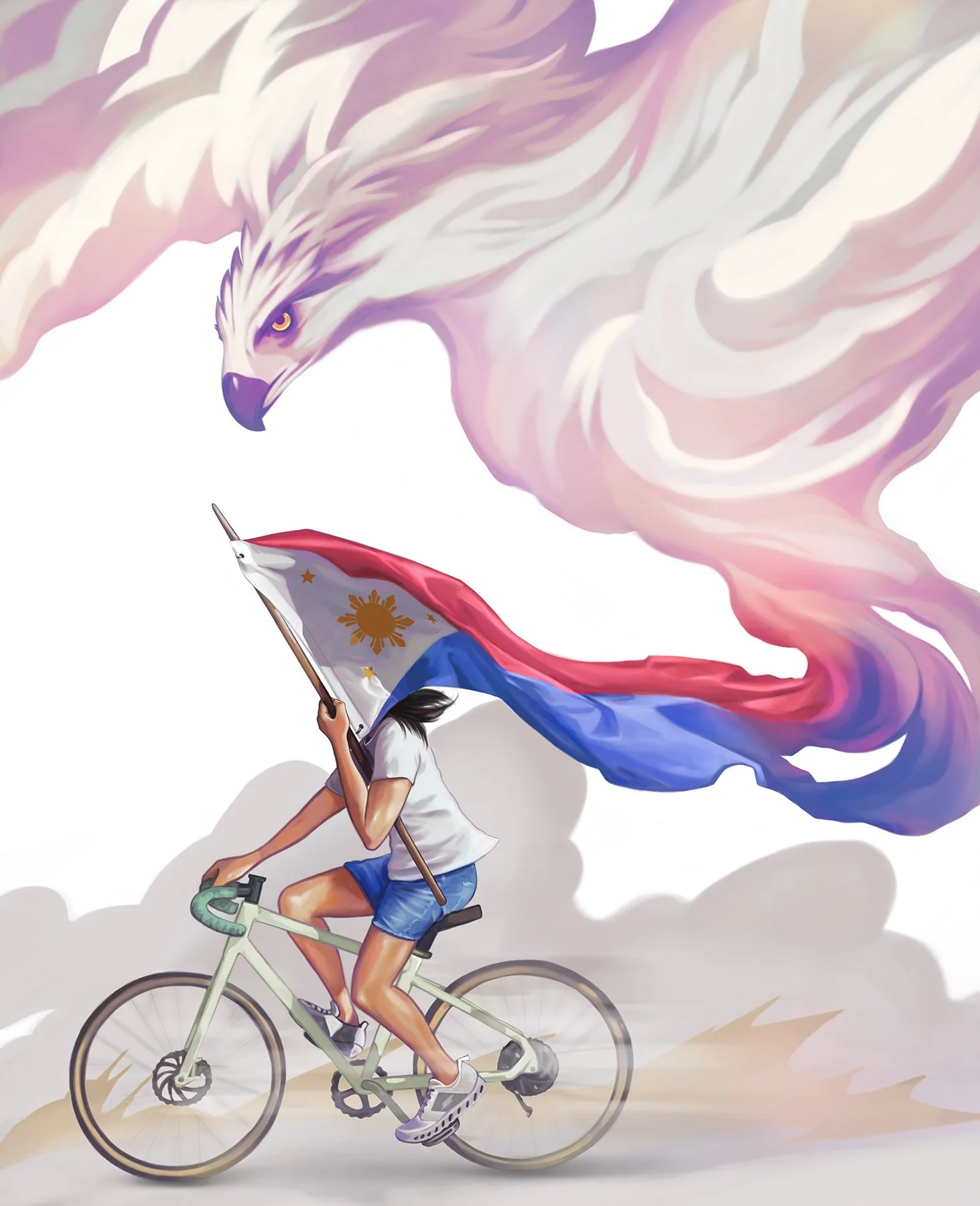 Girl riding a bicycle with the Philippine flag as a large eagle-shaped cloud emerges from its ends, illustrated as a textured digital painting.