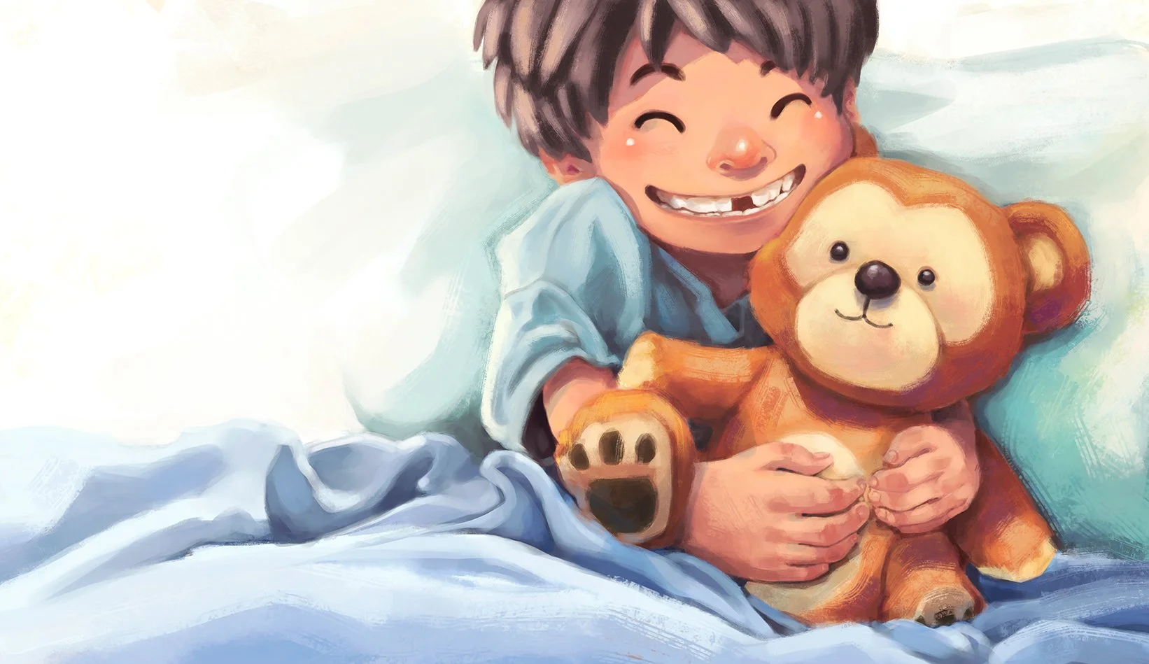 A spread from The Bear, a Filipino picture book about the adventures of a beloved stuffed bear toy. The work is rendered in a digital acrylic-inspired art style.

This is the opening spread in which the bear character is being cuddled in bed by his b