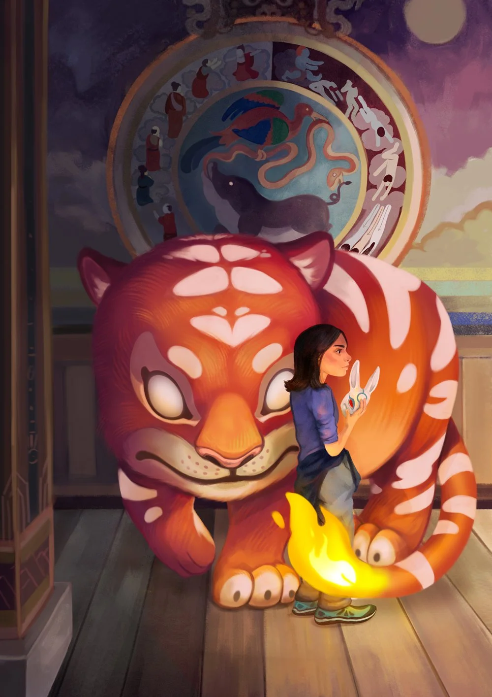 Girl holding a bunny mask beside a gentle tiger with a fiery tail in a Bhutan-inspired temple hall, with a Buddhist Wheel of Life painting behind them.