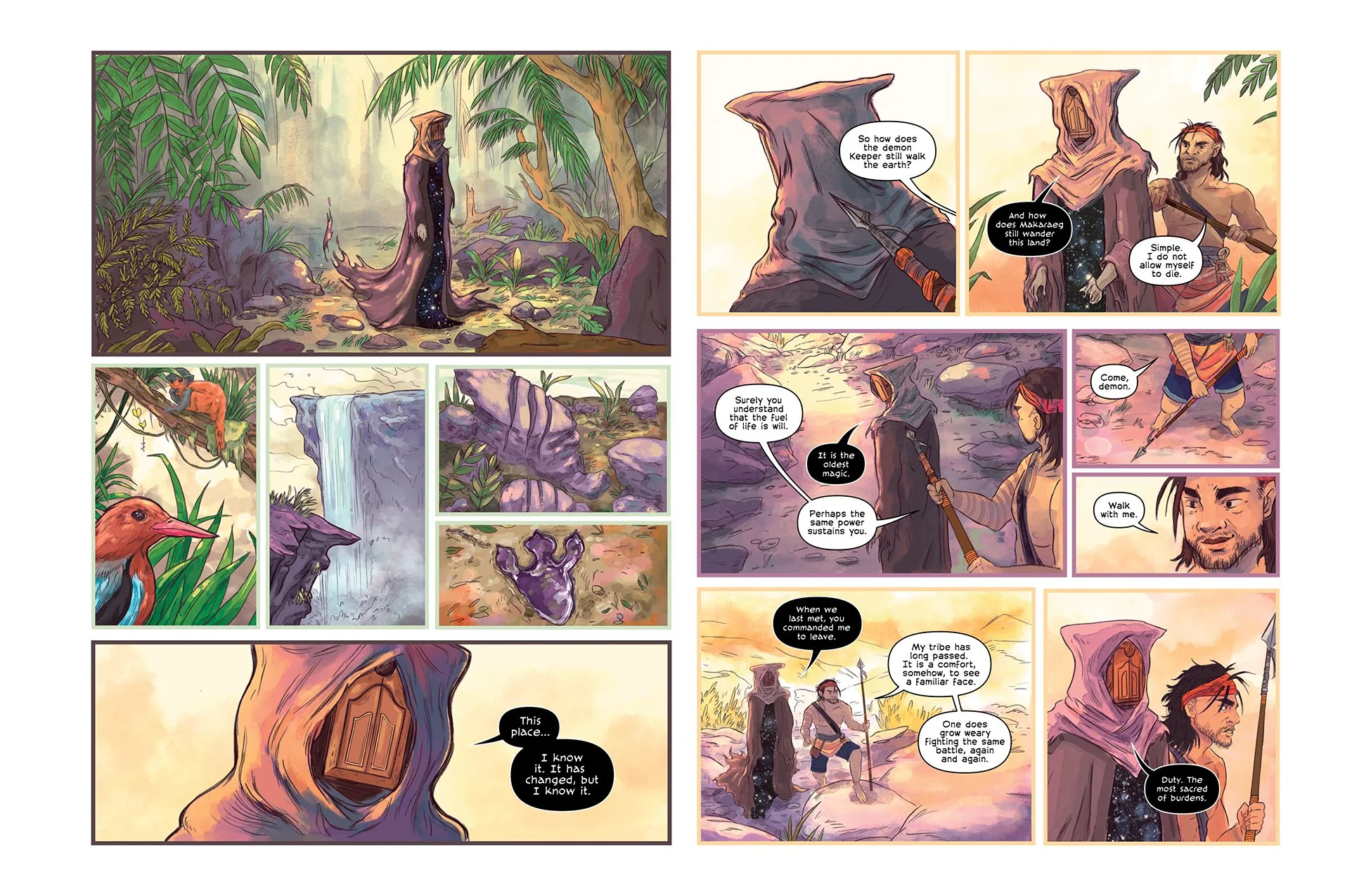 Doorkeeper enters a tropical prehistoric jungle with exotic birds and waterfalls, discovering signs of a past battle before being greeted by a warrior as an old friend.