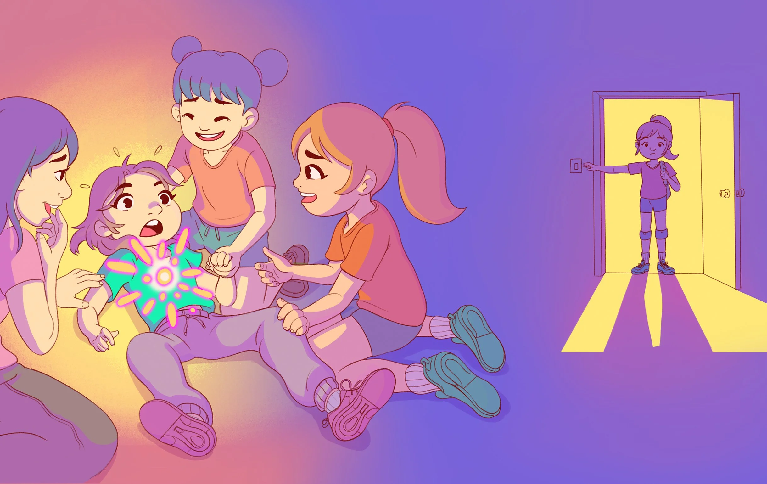 Young girl and classmates helping a younger student who has collapsed, followed by the girl returning home to a quiet, empty room.