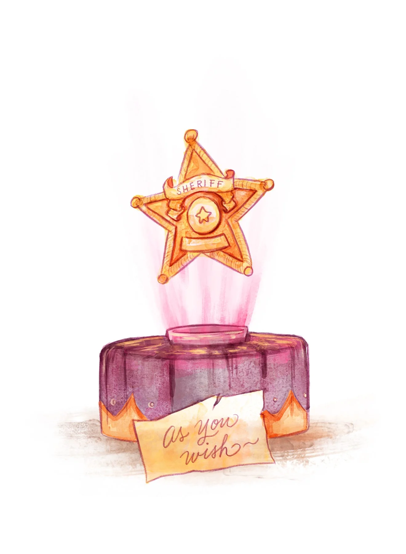Illustration of a magical sheriff’s star badge glowing with a bright, otherworldly light and hovering over its stand. The words "As you wish" is scribbled on a note below it.