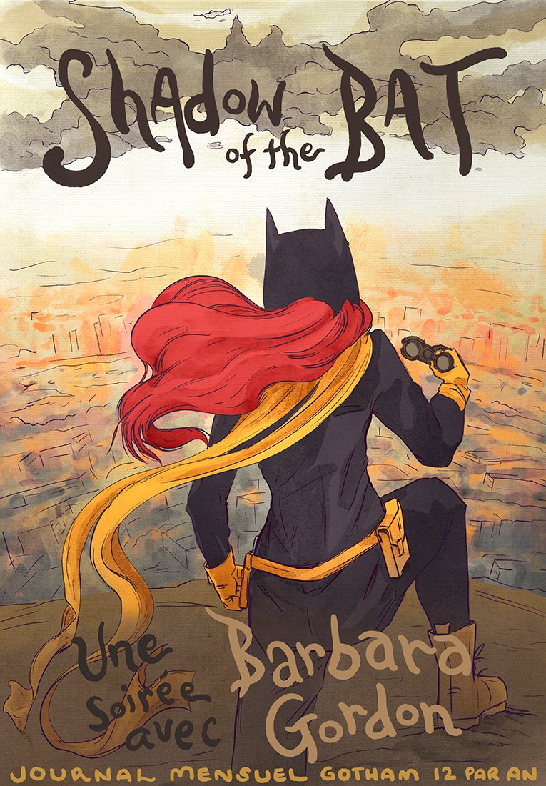 Batgirl, Barbara Gordon, patrolling the city at night, in full superhero gear, overlooking the streets below.