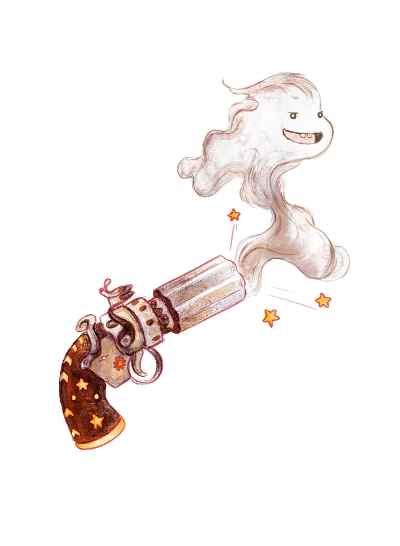 Illustration of a smoking talking gun from a Western-inspired fantasy story, with the smoke character rising from its barrel.