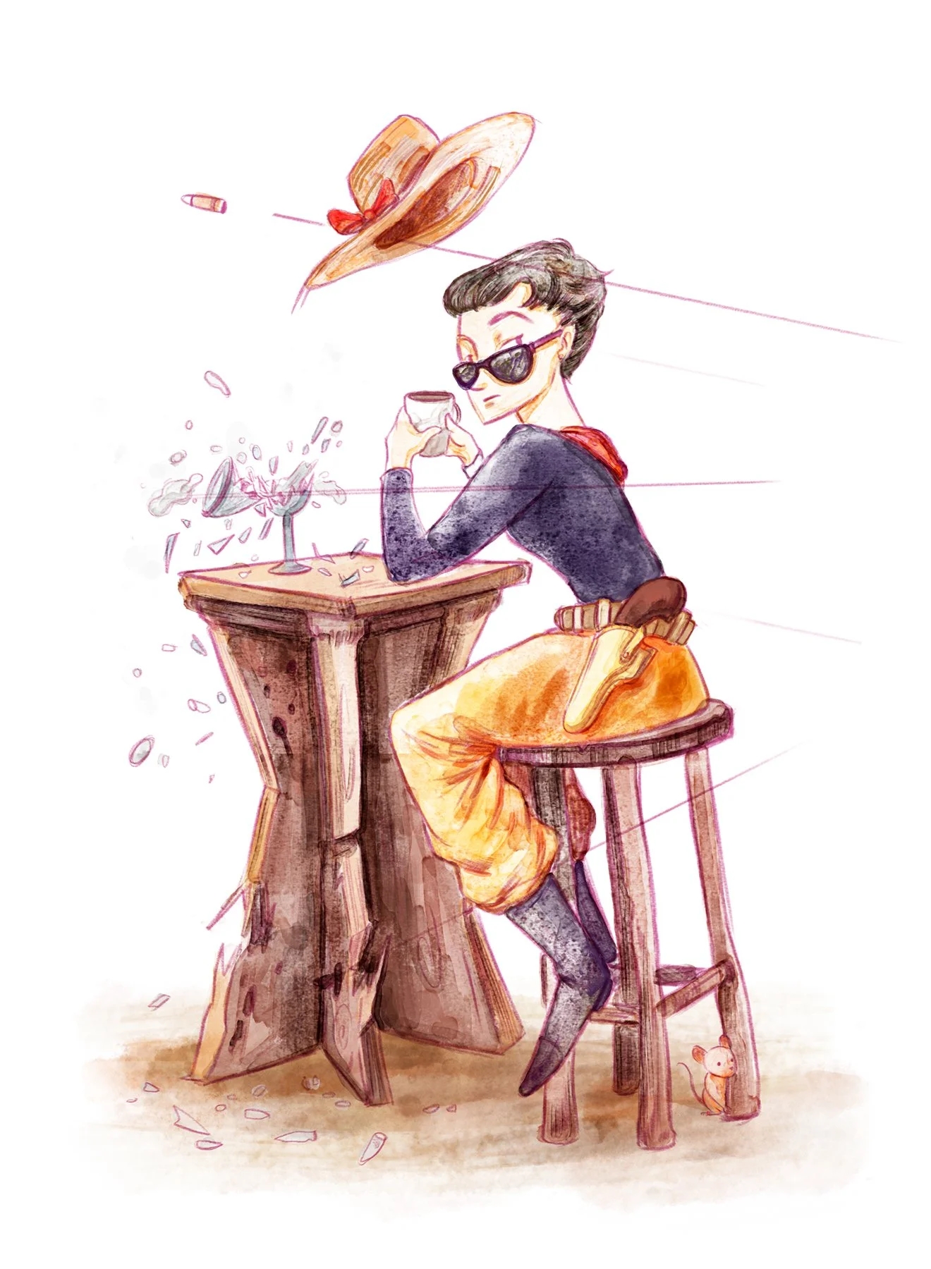 Chic female gunslinger standing as bullets whiz past her, illustrated in a textured digital watercolor style.
