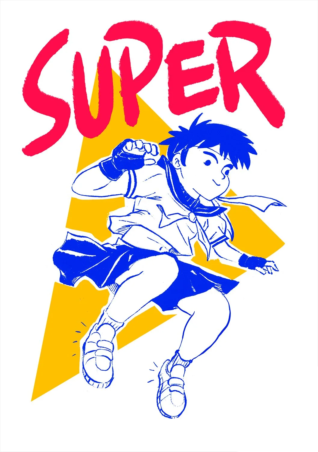Schoolgirl jumping in mid-air, illustrated with bold ink lines and bright flat primary colors.