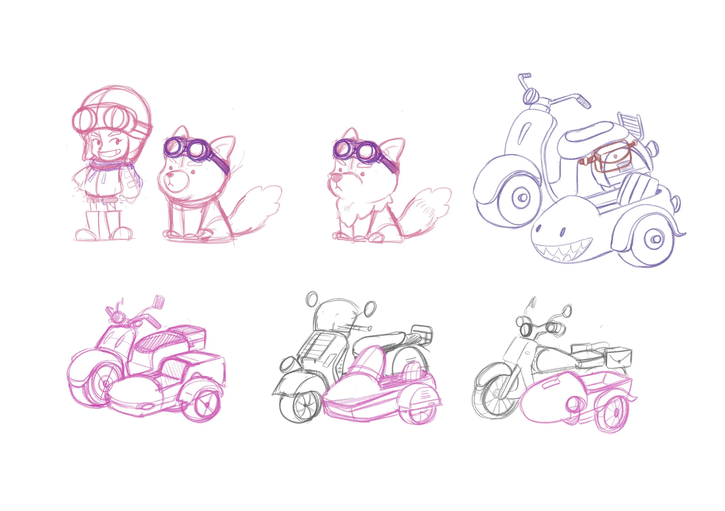 Concept sketch of Little Red Riding Hood with a cute wolf pup riding alongside her on a Vespa.