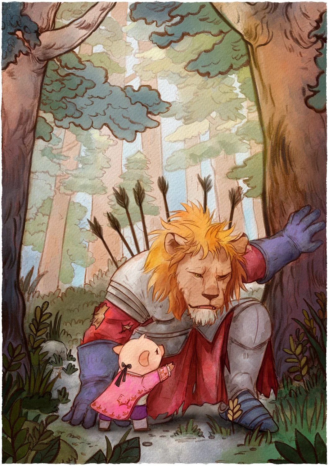 Digital watercolor illustration of a wounded lion knight escorting a worried royal piglet through a forest.