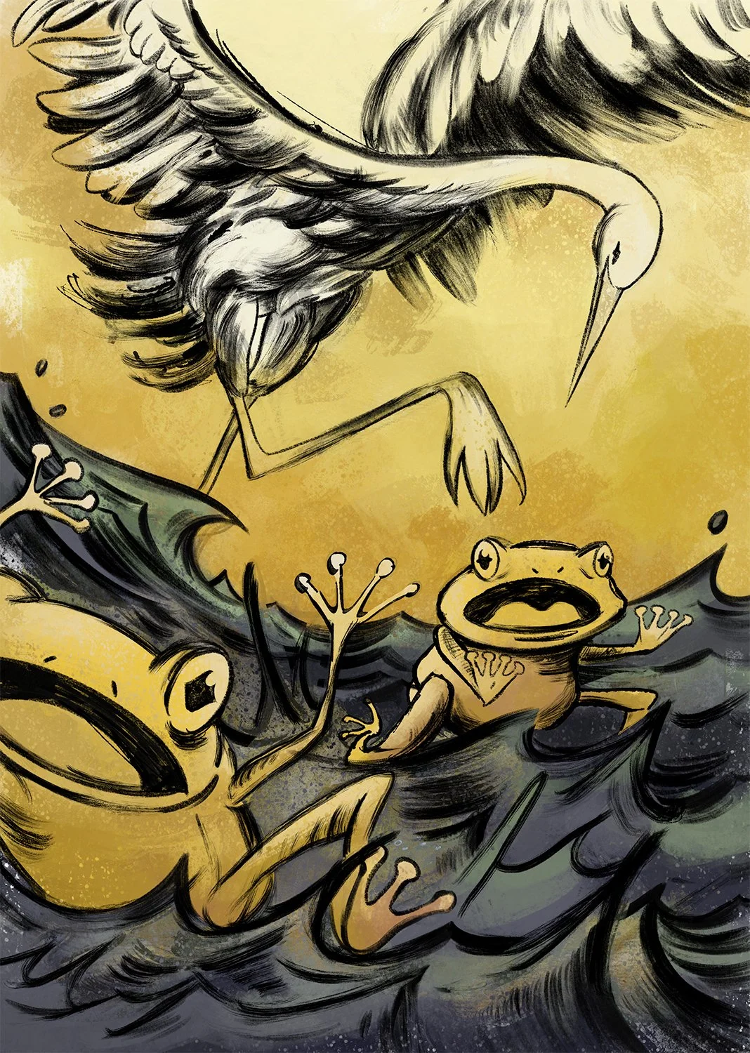 Narrative illustration of frightened frogs fleeing a stork that terrorizes their pond, depicting a dramatic scene from Aesop’s fable The Frogs Who Desired a King. Created with ink and digital illustration, combining expressive characters, atmosphere,