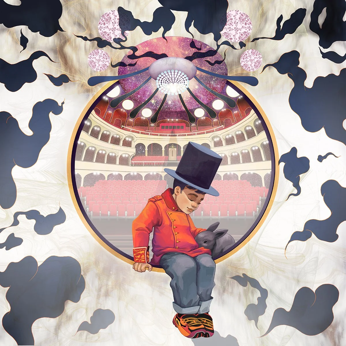 Ringmaster boy sitting with his bunny on the edge of a theater surrounded by misty clouds, combining painterly characters with graphic shapes and soft gradients.