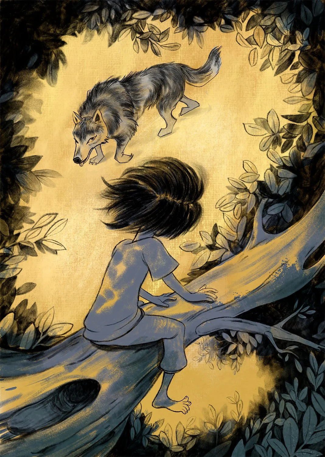Narrative illustration of a boy perched in a tree as a wolf stalks below, depicting a tense scene from Aesop’s fable The Boy Who Cried Wolf. Expressive ink and digital illustration focused on character, atmosphere, and visual storytelling.