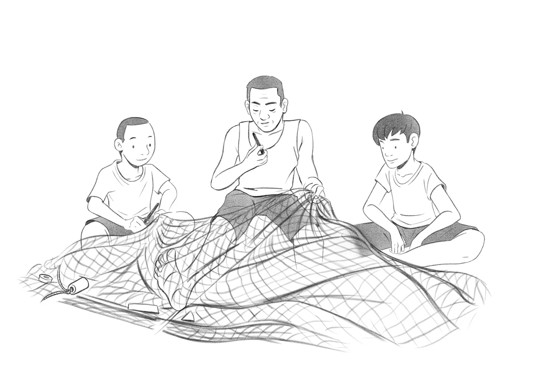 Fisherman untangling his net as two boys help and watch.