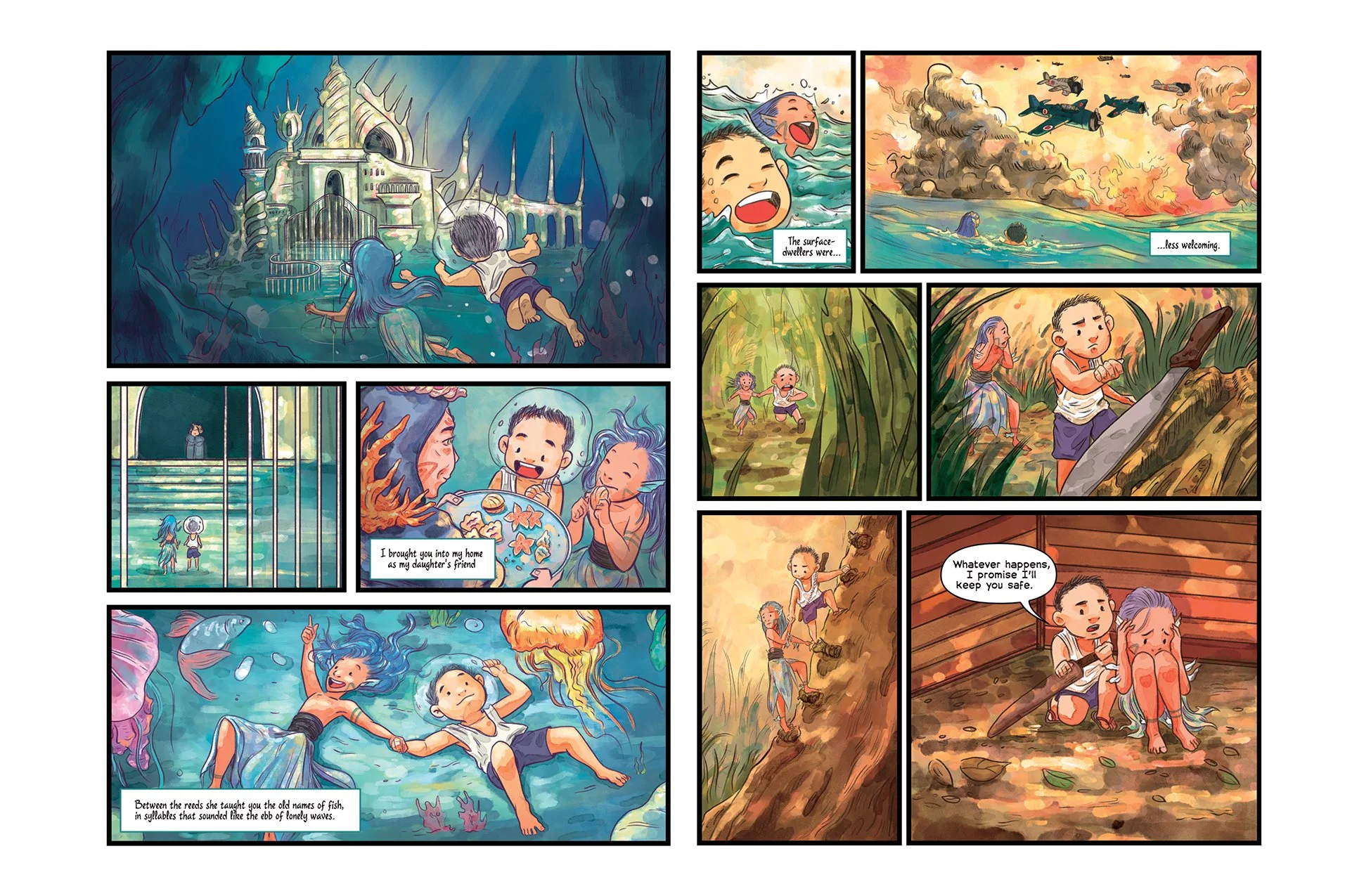 Diwata brings a boy to her underwater kingdom before they resurface to find warplanes bombing the land in Doorkeeper.
