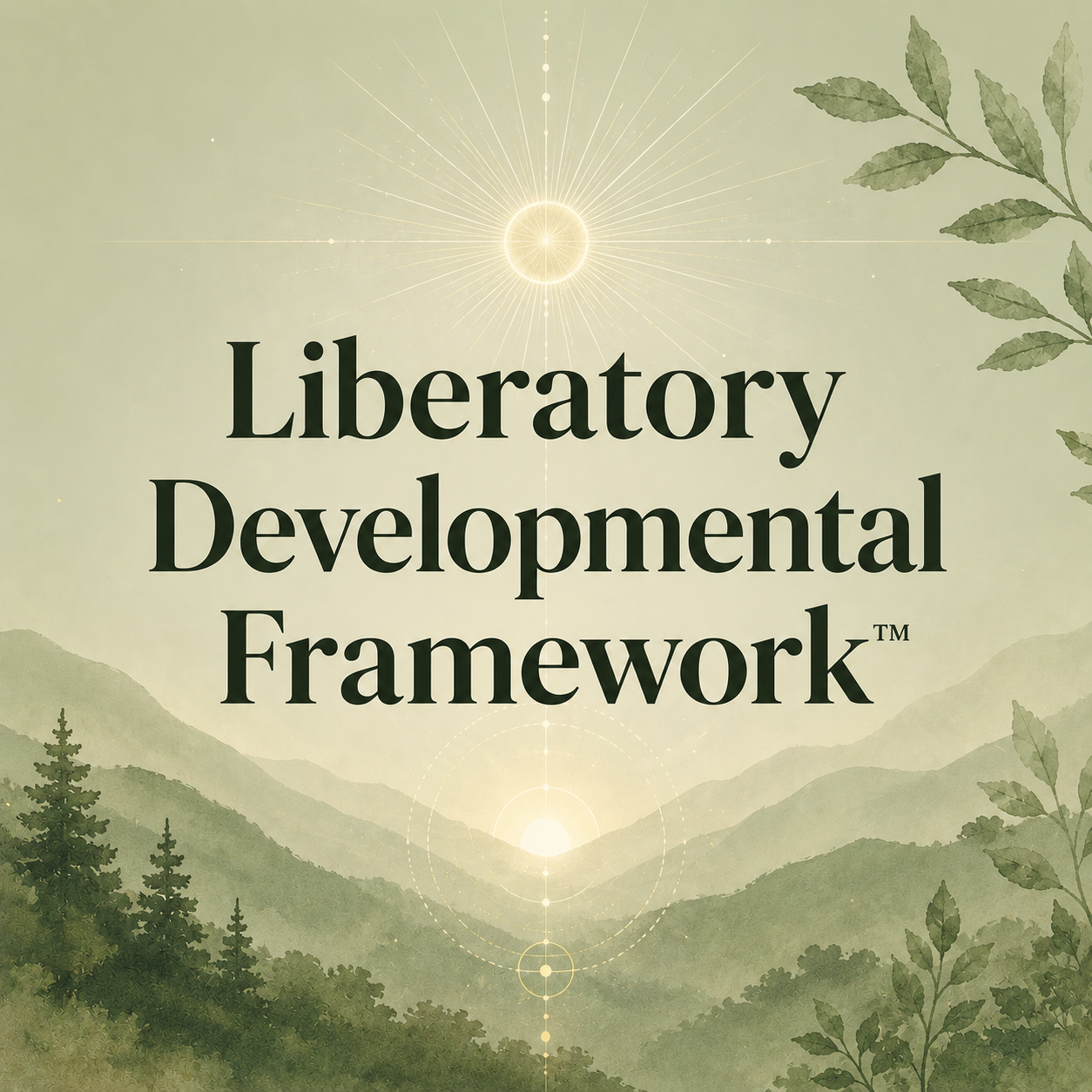 Cover image for the Liberatory Developmental Framework, with green mountain landscape, trees, and a radiant sun symbol at the top.
