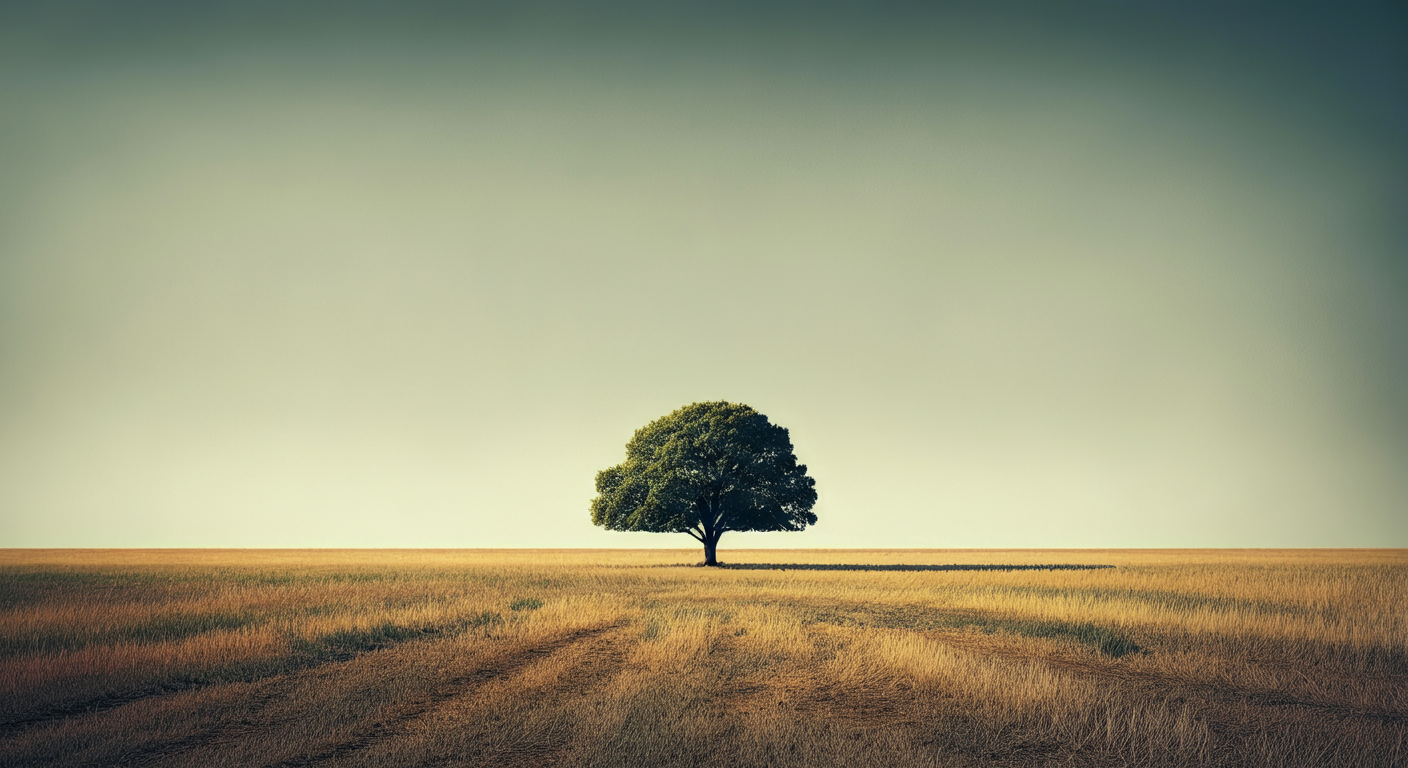 A single tree in a vast, open field under a pale, clear sky.